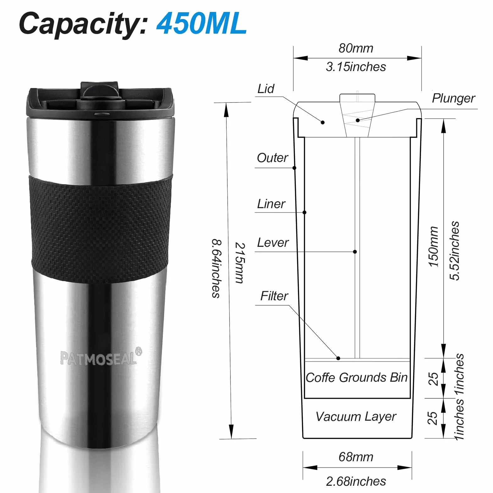 Tasse de voyage isotherme à piston étanche 450 ml argenté – Cafetière portable sous vide 3 tasses