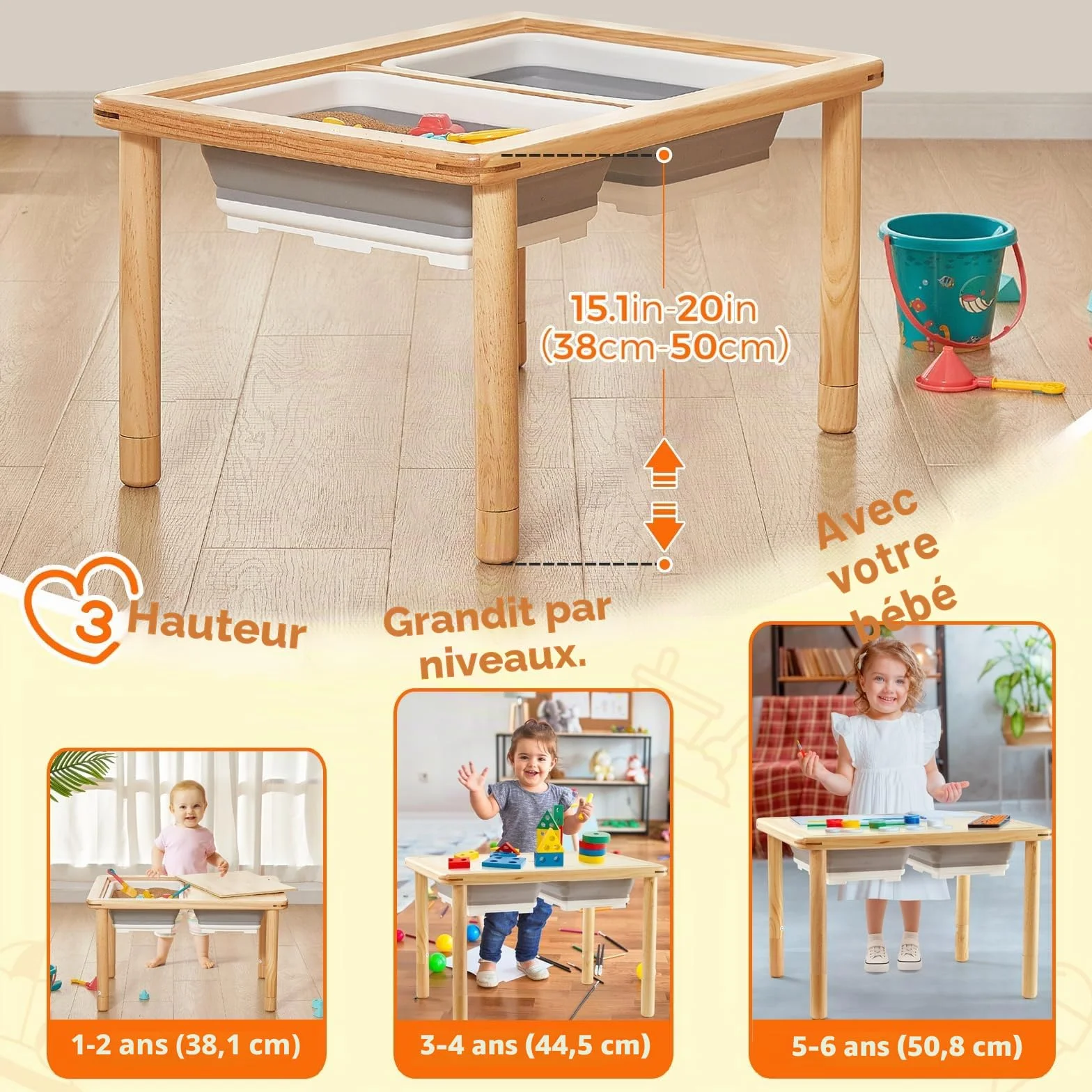 FUNLIO Table sensorielle en Bois avec 2 bacs pour Les Enfants de 1 à 5 Ans, Table sensorielle pour Enfants à Hauteur réglable sur 3 Niveaux, de Jeu pour l'eau et Le Sable, certifiée CPC