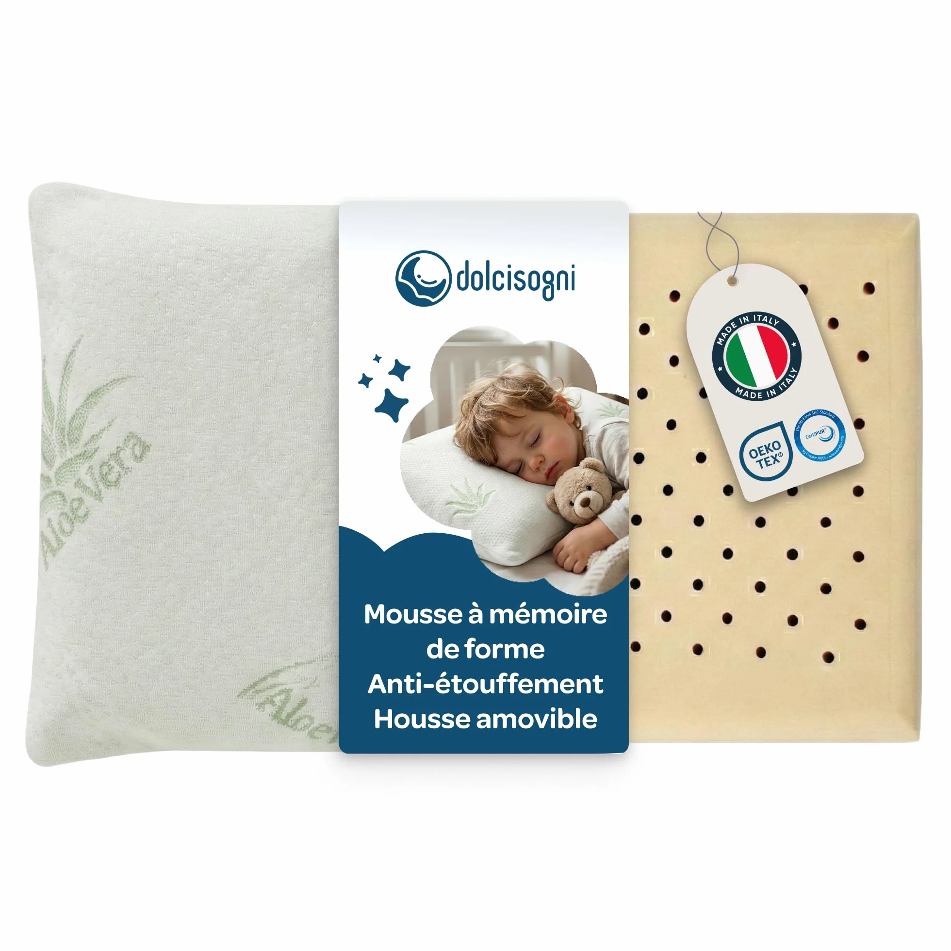 Oreiller Enfant Mémoire de Forme Oeko-TEX® 30x50 cm, Épaisseur 5,5 cm DOLCI SOGNI