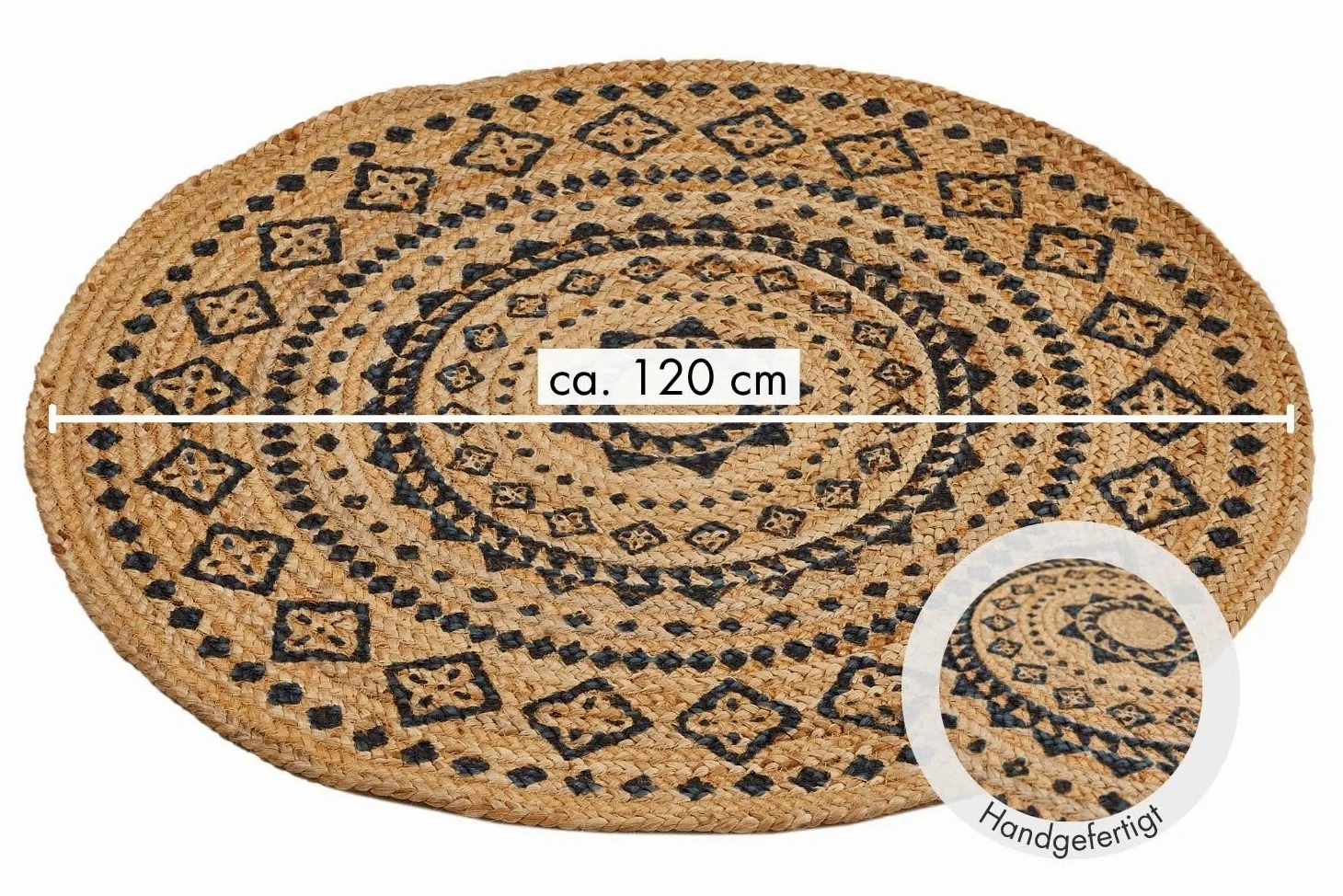 -LUXOR- living Tapis Mamda - Tapis Rond en Jute - Convient également comme Tapis de Chambre à Coucher - Tapis bohème Durable Beige - Tapis de Salon - Produit Naturel 120 cm - Rond - Ornement