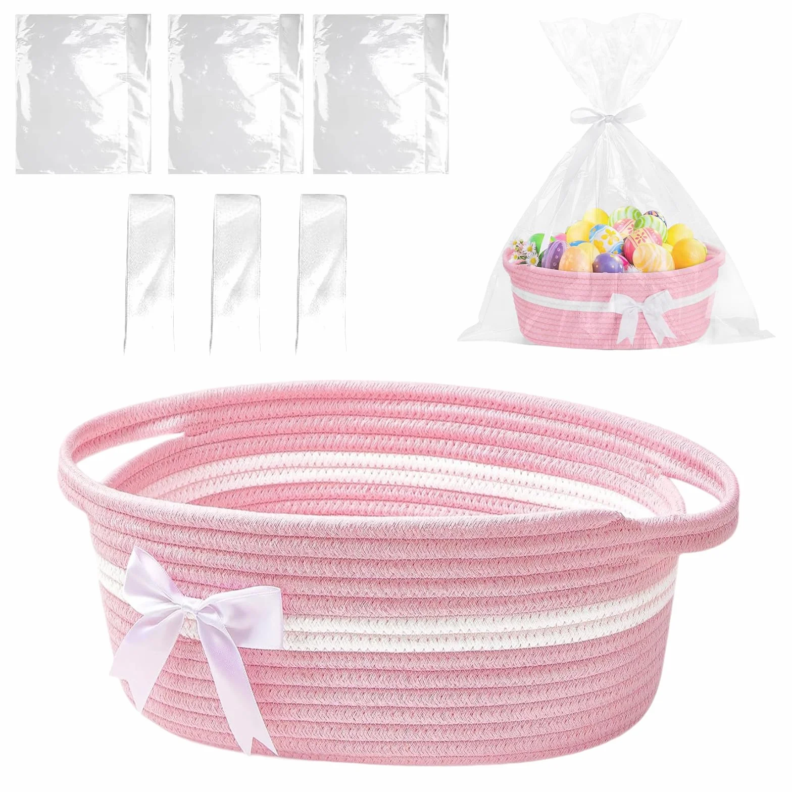 Panier de rangement ovale tressé vide avec sac cadeau et rubans, rose/blanc