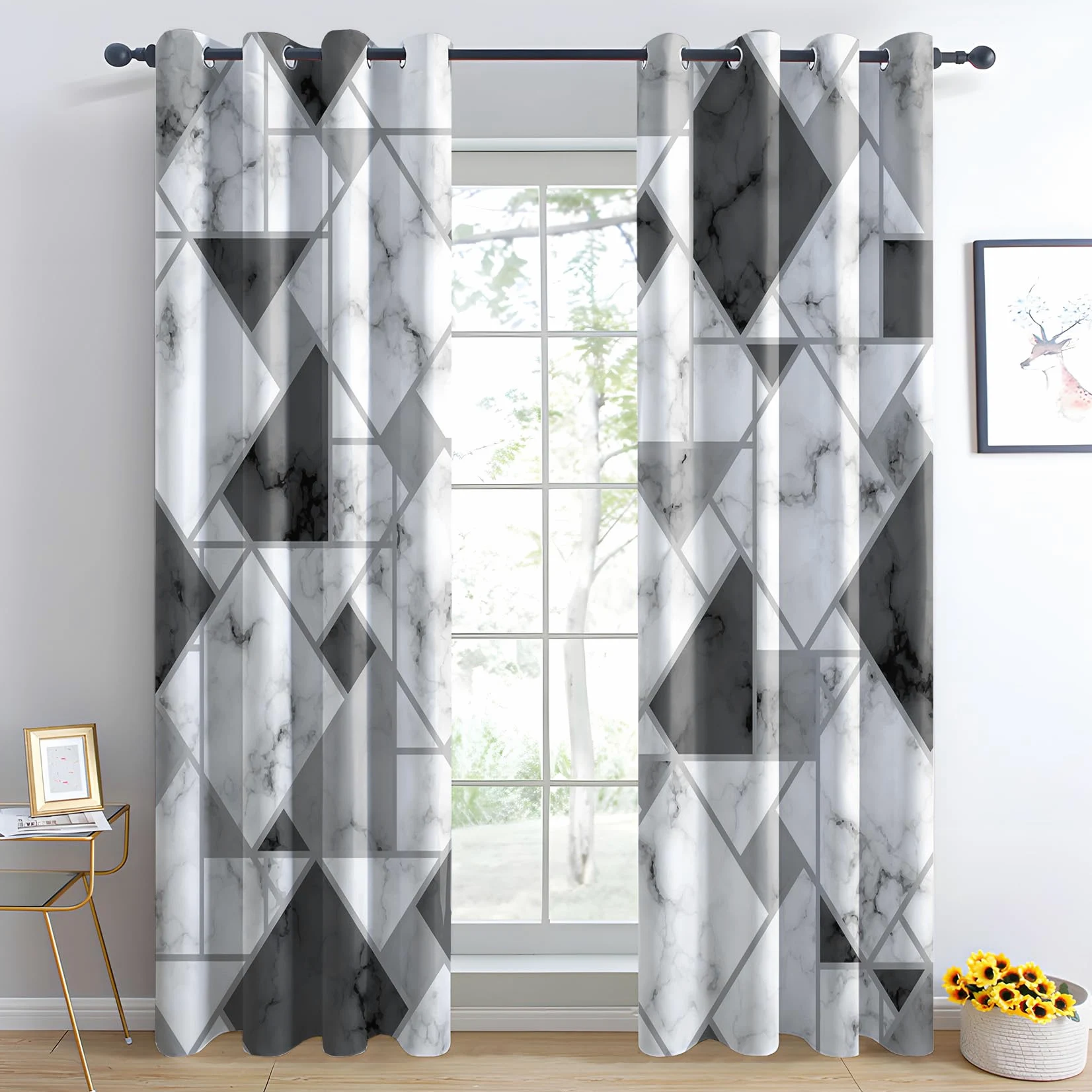 Rideau Occultant Marbre, Rideaux Thermiques à Oeillets pour Chambre, Motif Noir Blanc Et Gris Rideaux Salon, Moderne Lot de 2 Décoration de Fenêtre Rideaux 140x260cm LxH (GR-&223)