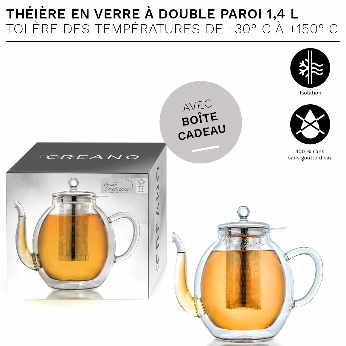 Creano Théière en verre à double paroi 1,4 l avec filtre en acier inoxydable – Théière isotherme anti-goutte pour thé en vrac et fleurs de thé