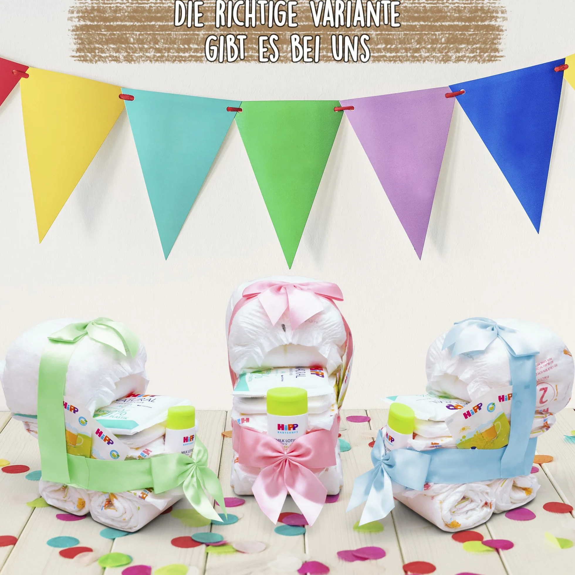 MilaBoo Gâteau de couches pour poussettes avec produits Hipp vert Cadeau de naissance Made in Germany