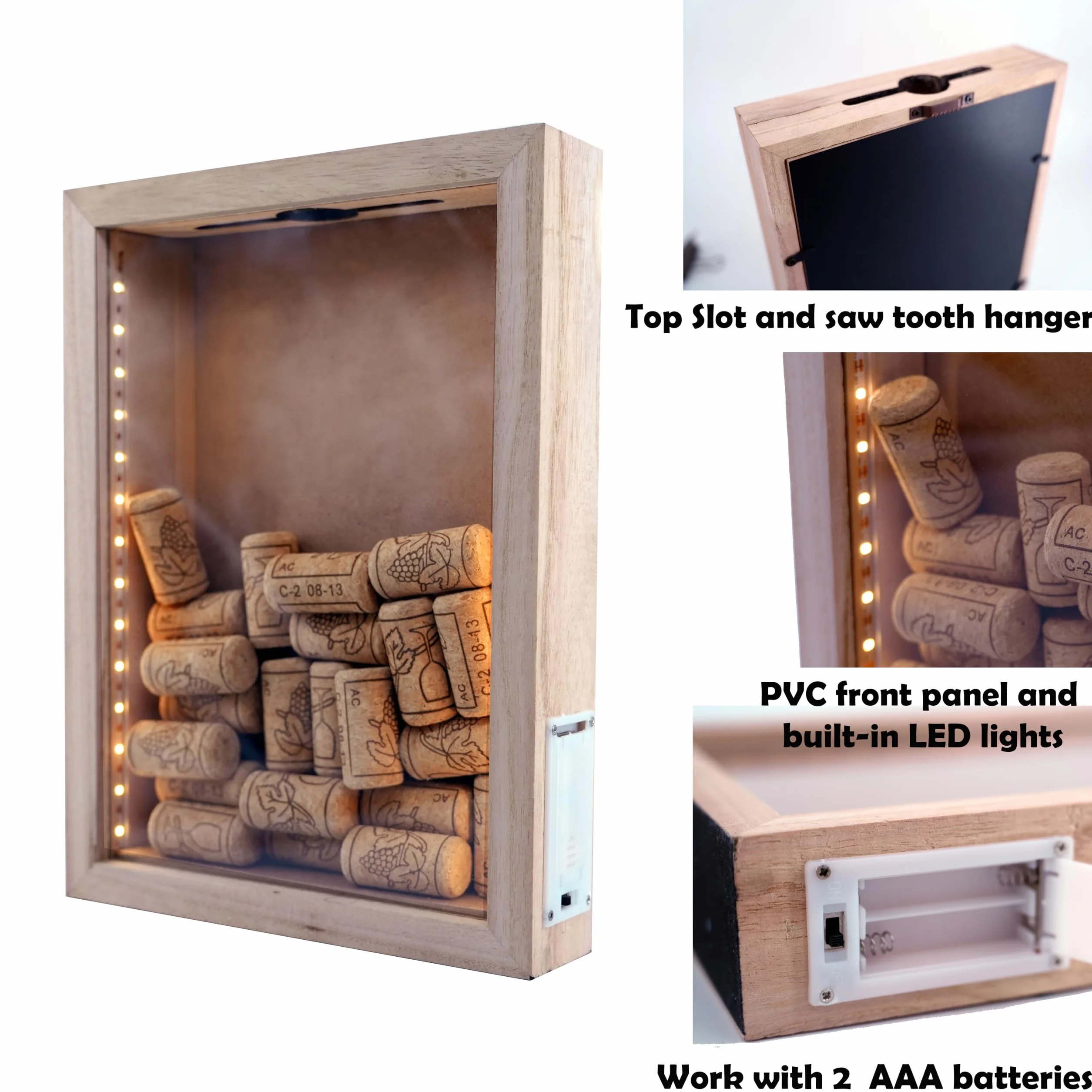 Boîte d'Ombre en Bois Naturel Rustique 8"x11" avec Éclairage LED pour Bouchons de Vin et Expositions Créatives