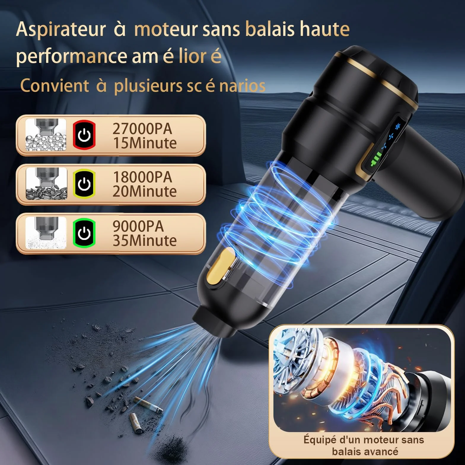 Aspirateur à Main Rechargeable 27000 Pa Sans Fil 220000 Tr/min Nettoyage Voiture Bureau Poils Animaux