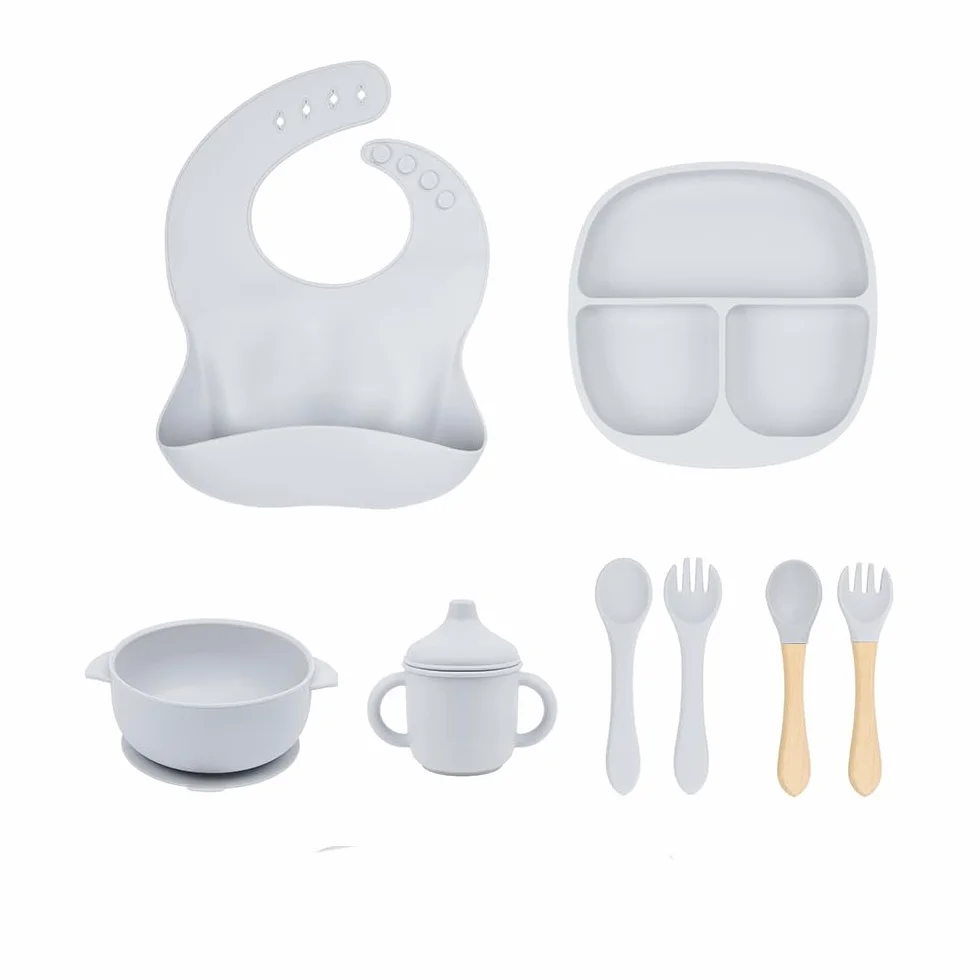 Set Repas Bébé Premium 8 Pièces Silicone Alimentaire Antidérapant Incassable Assiette Bol Bavoir Couverts
