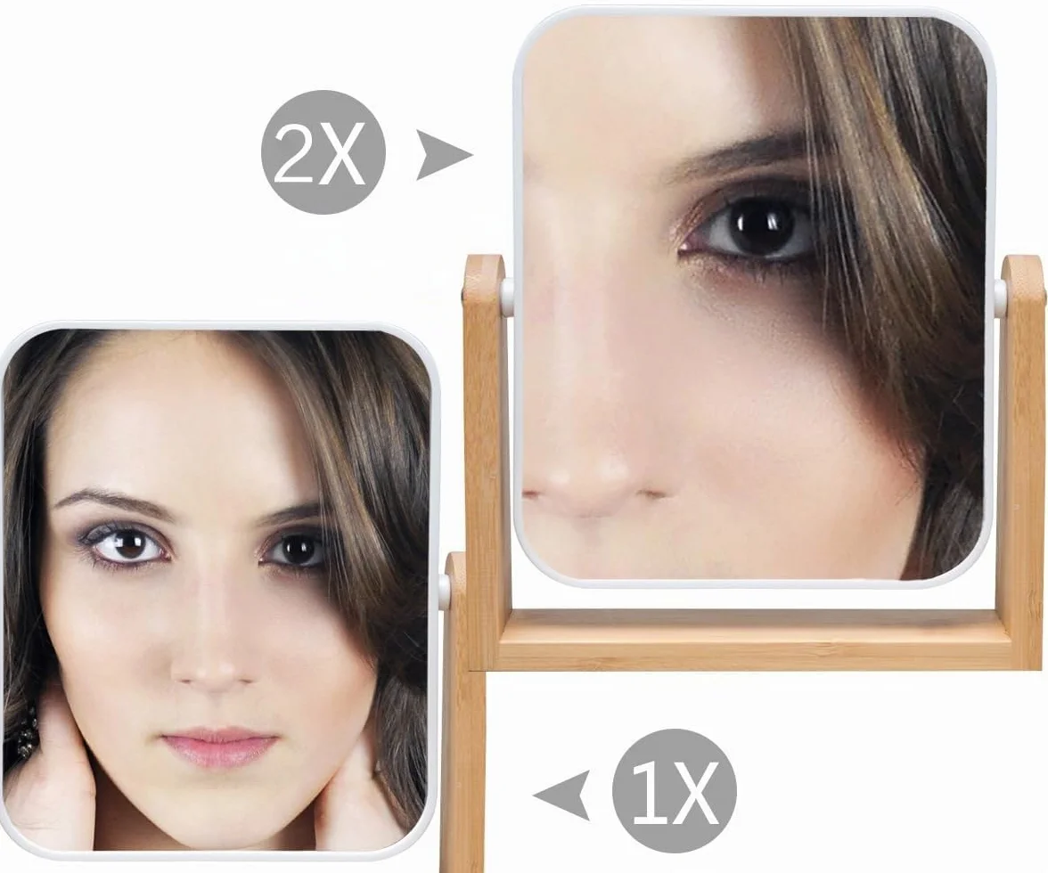 Miroir de Maquillage avec Support en Bambou Naturel, Double Face 1X/2X, Rotation 360°, Portable, Blanc