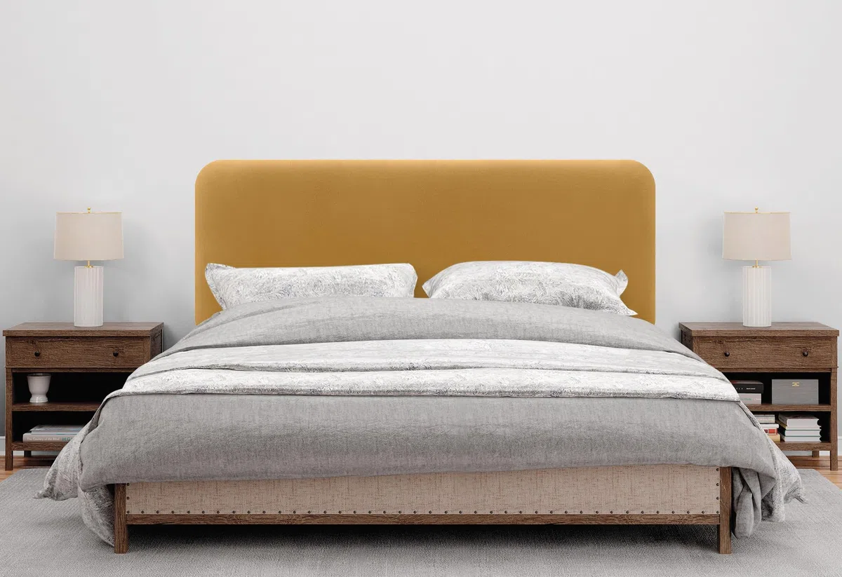 DHOME Tête de Lit Capitonnée Unie Arrondie en Velours avec Pieds pour Mur Têtes de Lit Acoustiques Absorbantes pour Lit et Chambre (Moutarde, 150cm)