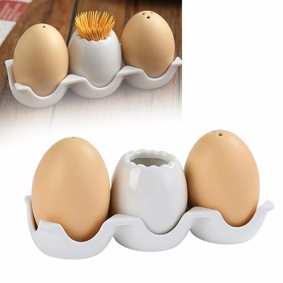 Salière et poivrière créative en céramique, mini ensemble en forme d'œuf marron avec support en carton