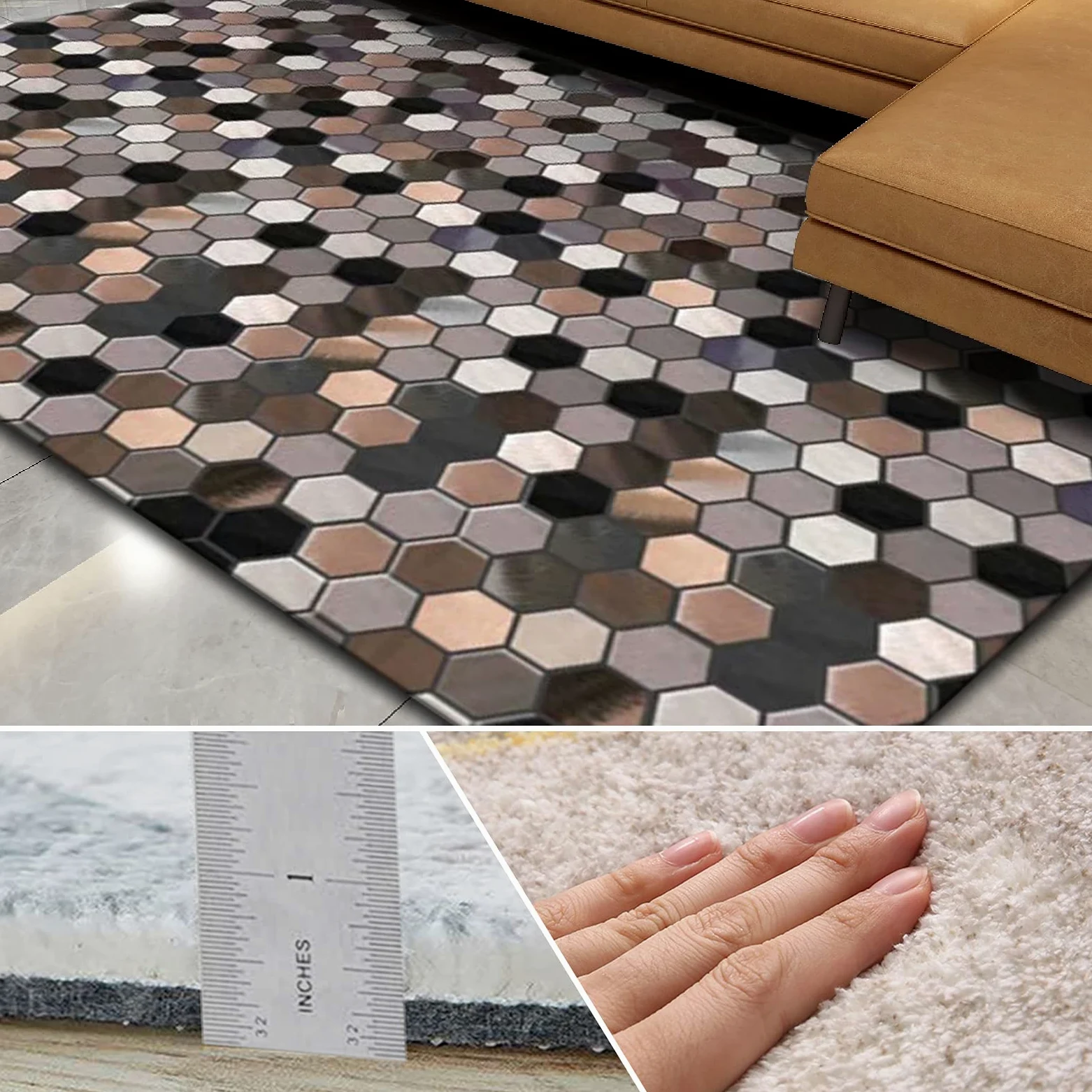 Tapis shaggy pour salon et chambre à coucher - Motif géométrique moderne rétro patchwork - Idéal pour couloir, table de chevet et bureau