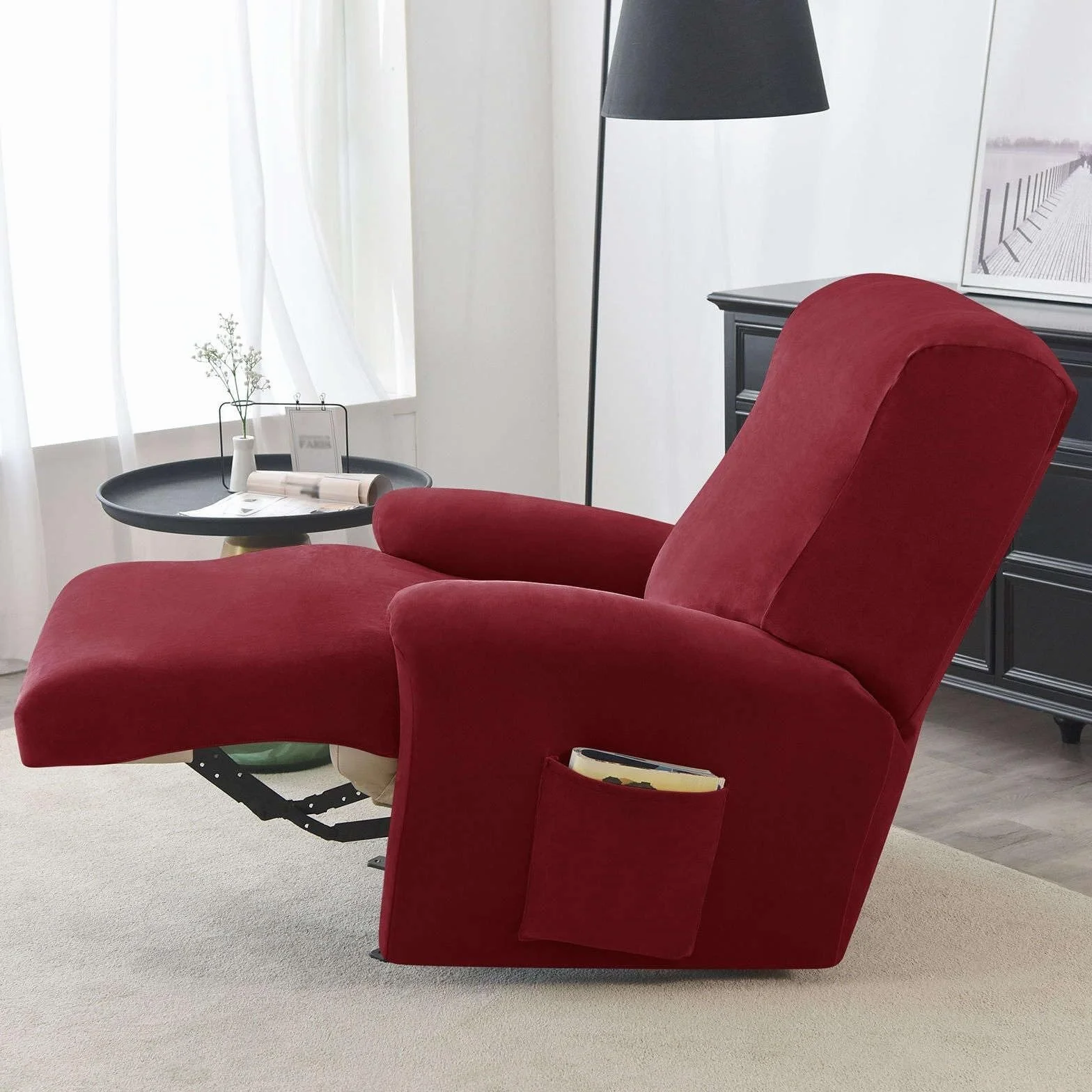 Housse de Fauteuil inclinable Velours Extensible 4 pièces Protection antidérapante Poche latérale Wine Red