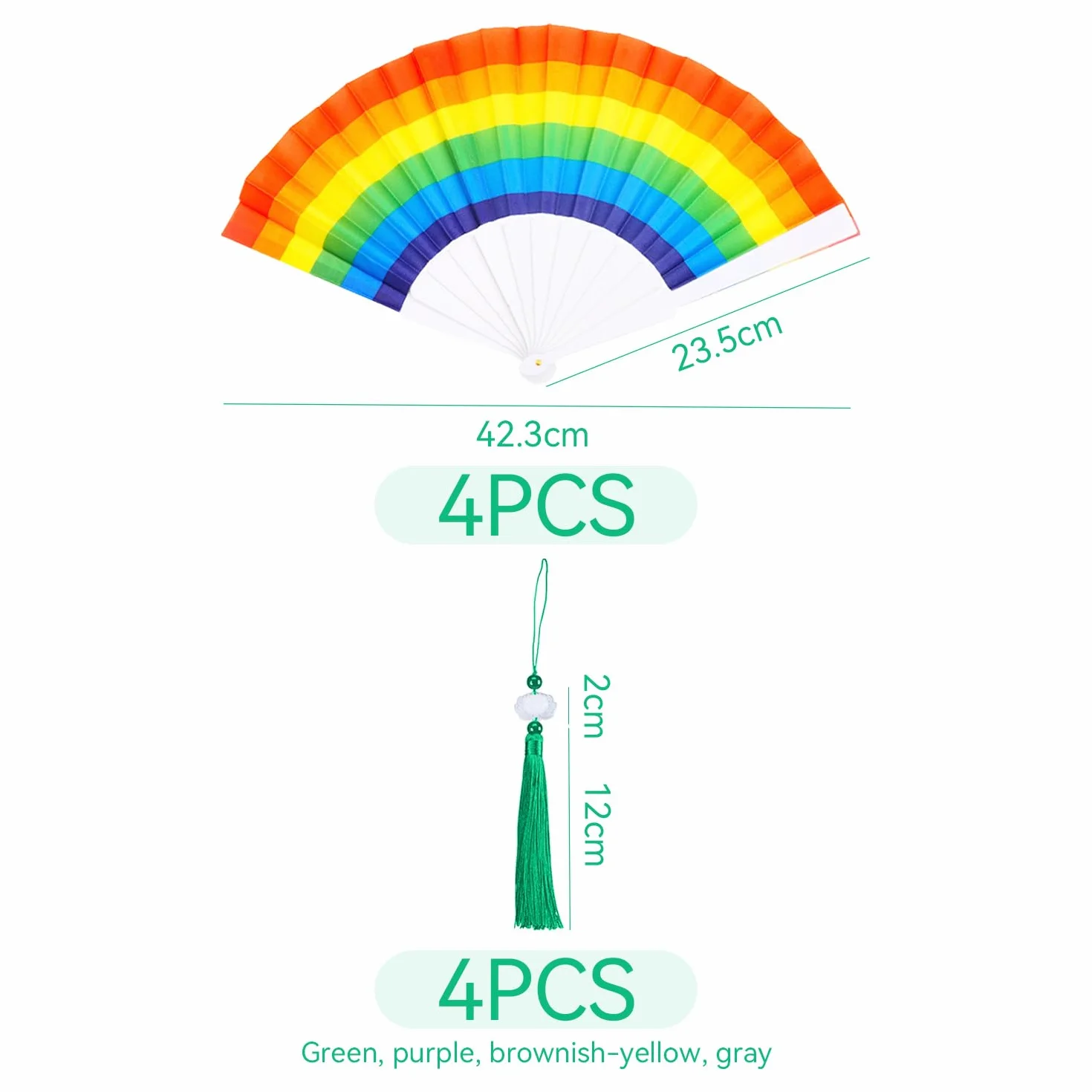 Ventilateur Pliante Arc-en-Ciel Décoratif Créatif 4 Pièces + 4 Longes Glands Fête Fierté