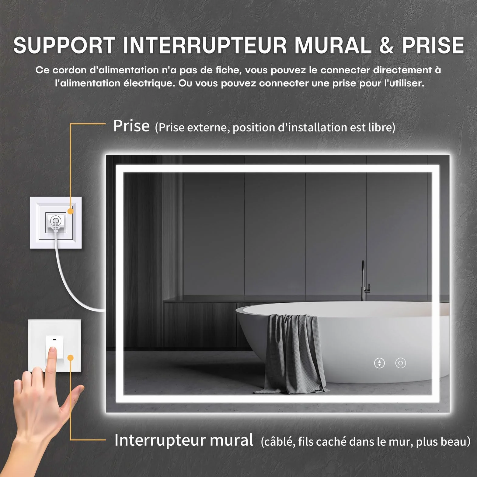 Dripex Miroir de Salle de Bain LED 60x80cm 30W Anti-buée 3 Couleurs Dimmable IP44