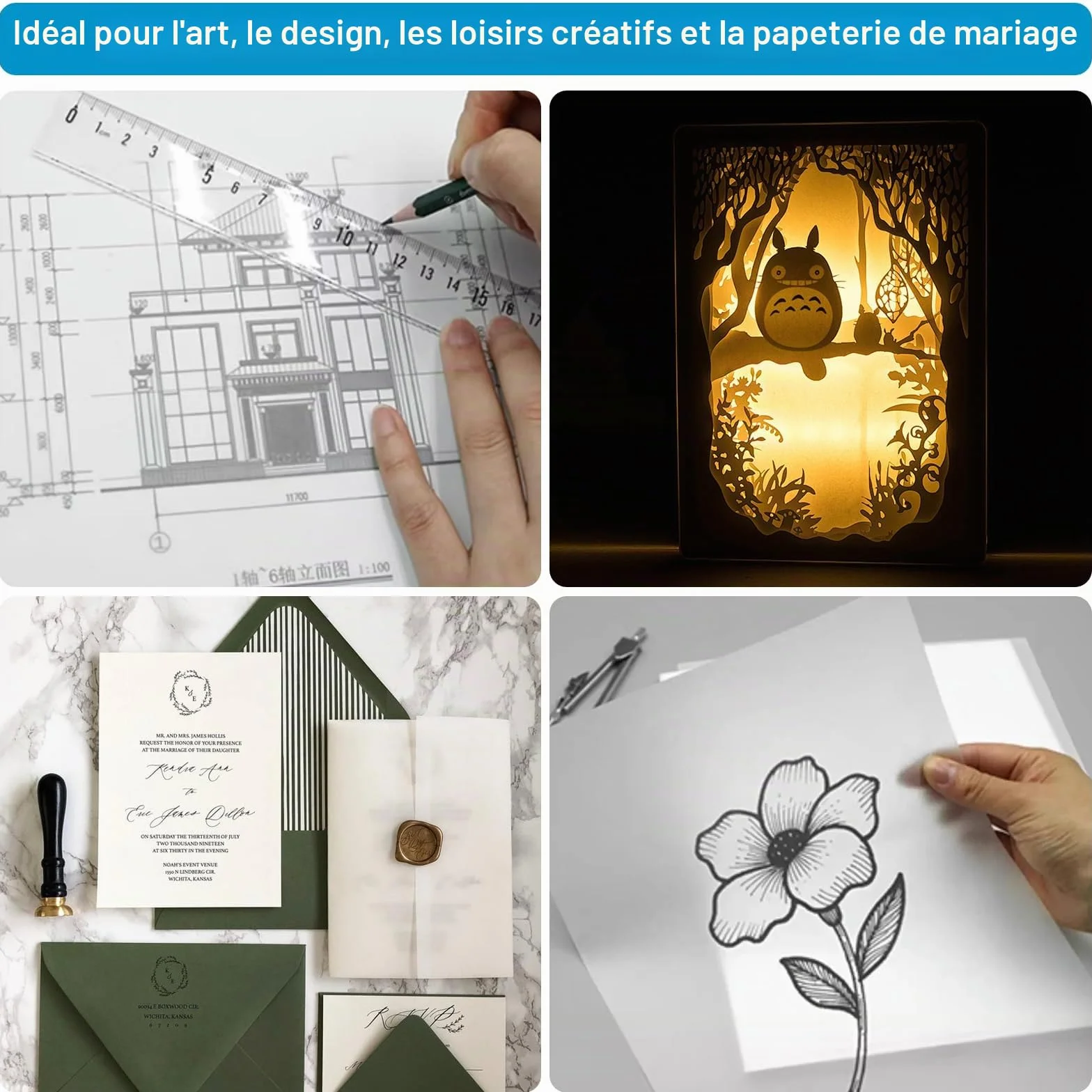 Kievano Papier Calque A4 110 g/m² 100 Feuilles Papier Transparent Épais pour Imprimante Jet d’Encre & Laser