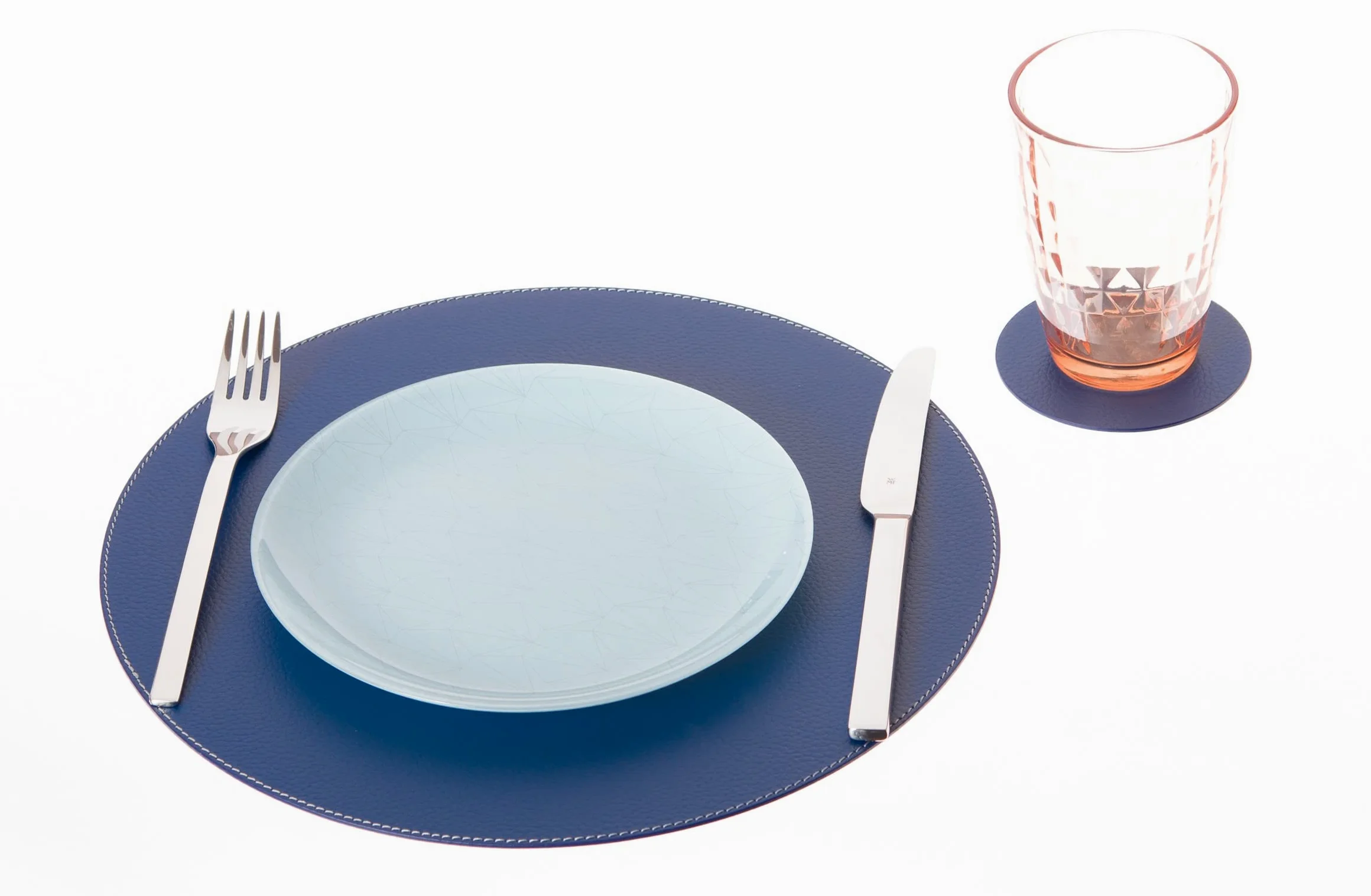 Nikalaz Lot de 4 Set de Table Rond et 4 desous de Verres, Set de Table 33 cm de diamètre et sous-bock 10 cm, Cuir Naturel recyclé, (Bleu)