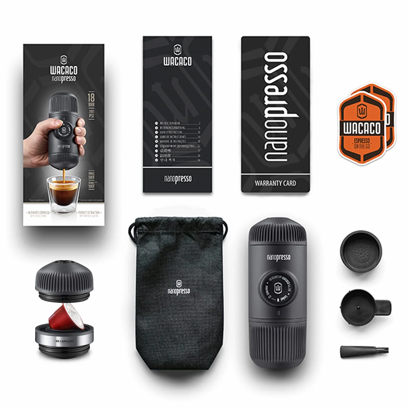 WACACO Nanopresso Machine à Espresso Portable avec NS Adapter, Compatible avec les Capsules NS et le Café Moulu, Ensemble de Machine à Café de Voyage Manuel, Parfait pour le Camping