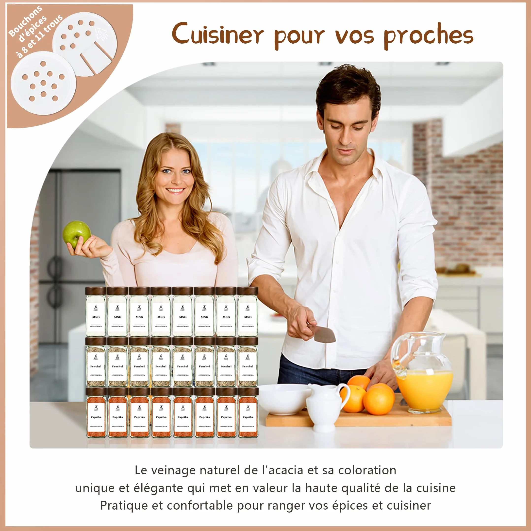 Pots à épices en verre borosilicaté 120 ml avec couvercles en bois d'acacia - Lot de 24