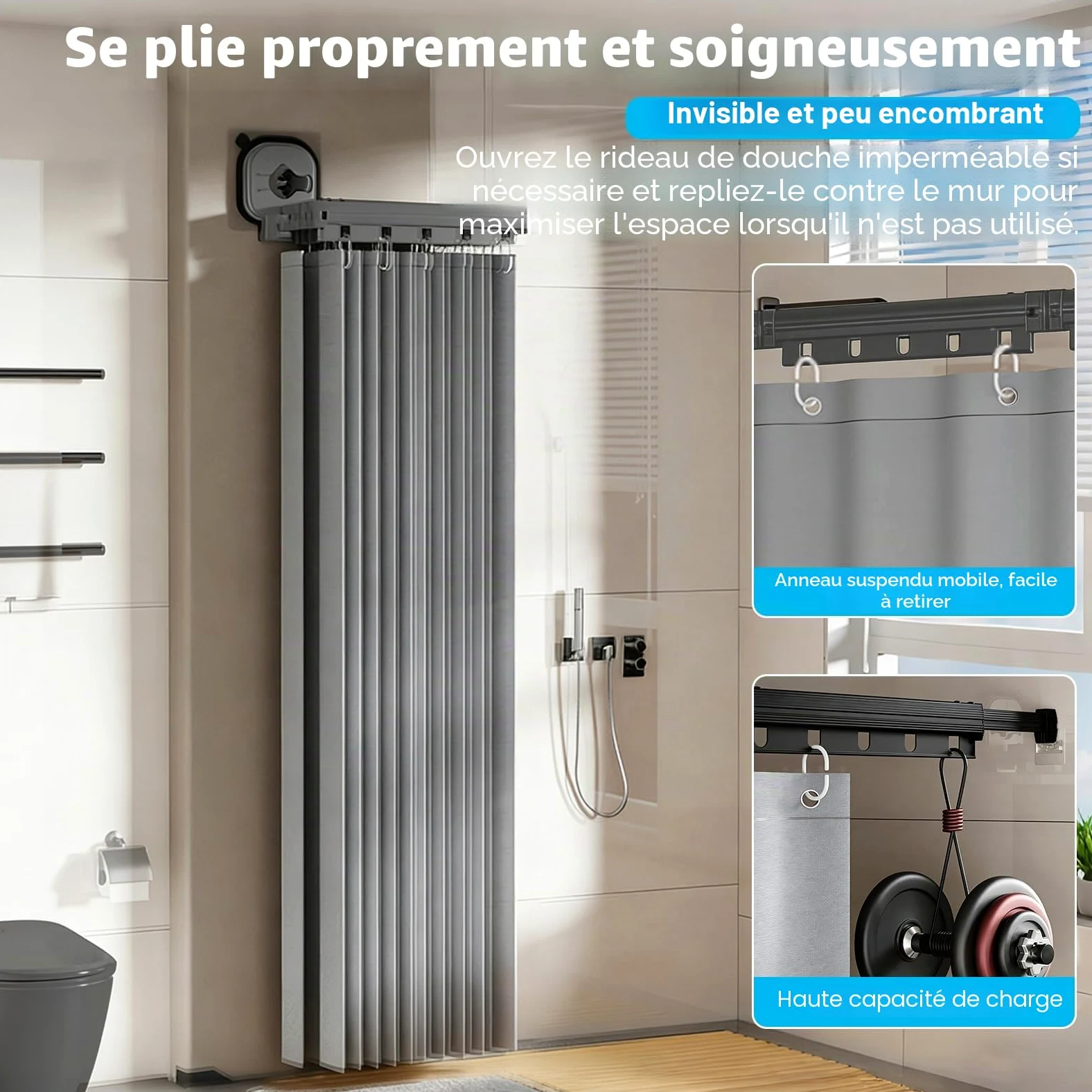 Tringle à rideau de douche pliable avec ventouse, sans perçage, étanche, montage mural, en forme de L/U, pour coin / baignoire (noir, 5 segments)
