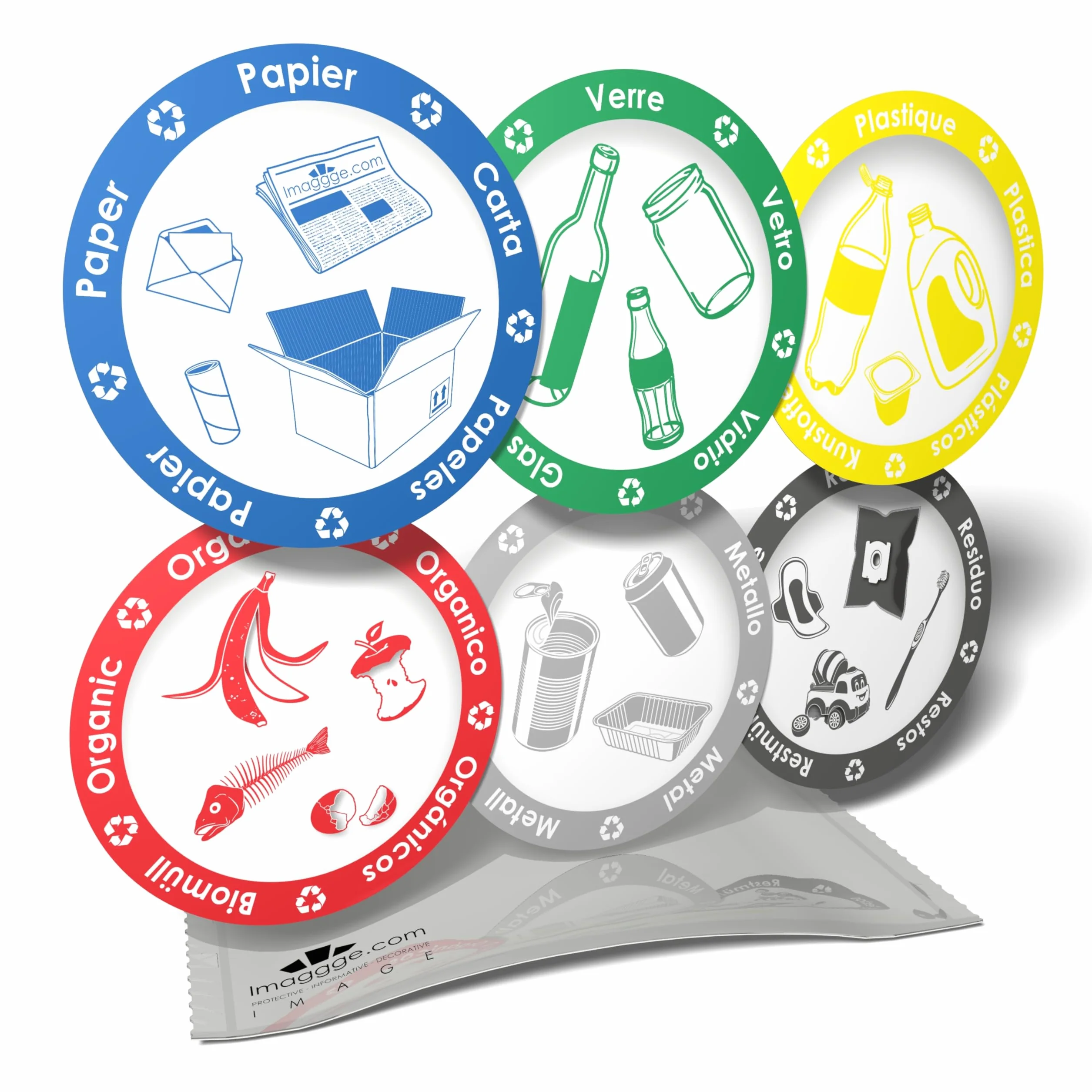 Autocollants d'information pictogrammes tri sélectif déchets poubelle 6 stickers ronds 9,5cm