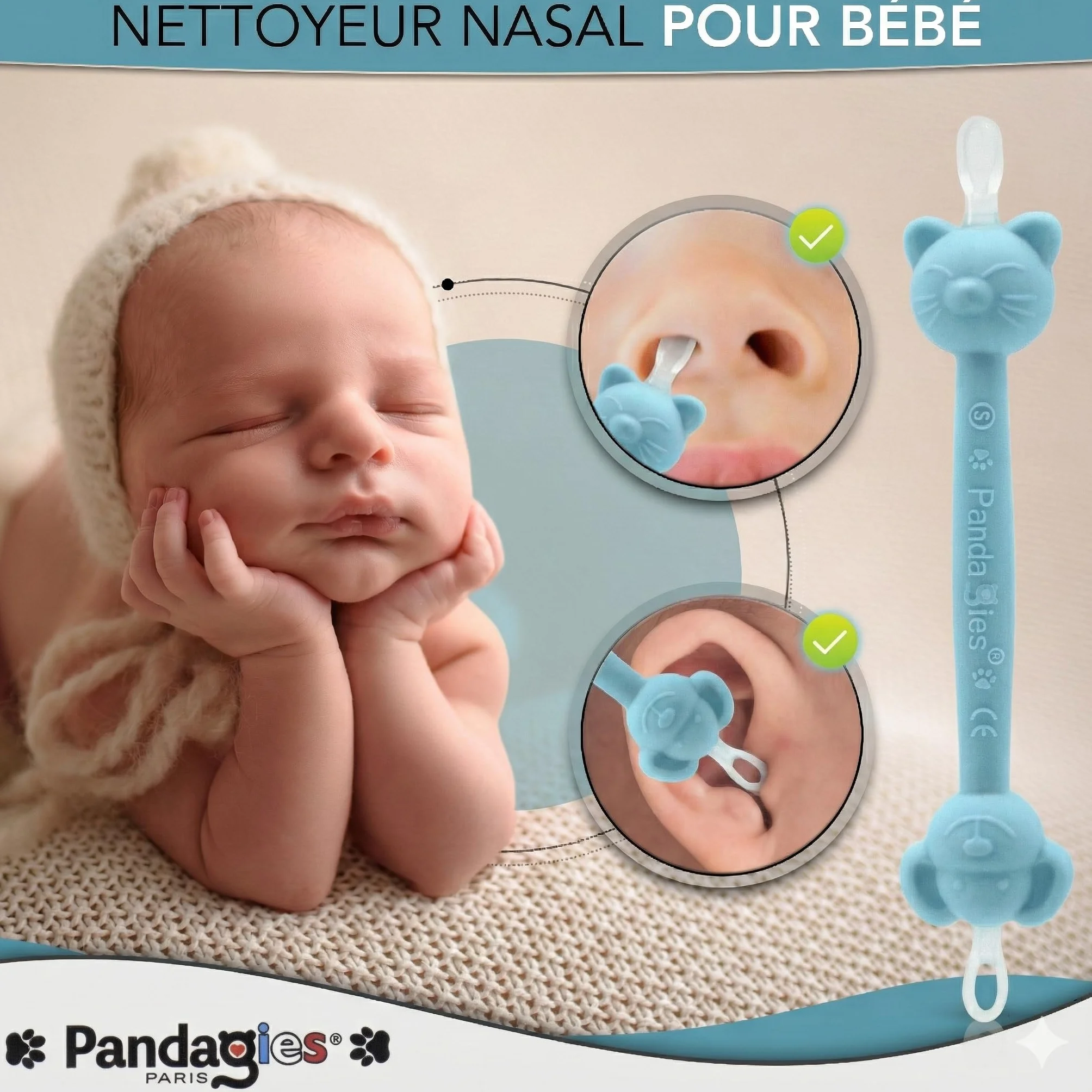 Cure Nez Bébé Sécurisé Nettoyeur Nasal Manuel Double Embout Boucle Anti-Insertion Hygiène Nasale Nourrisson Enfant Réutilisable Bleu