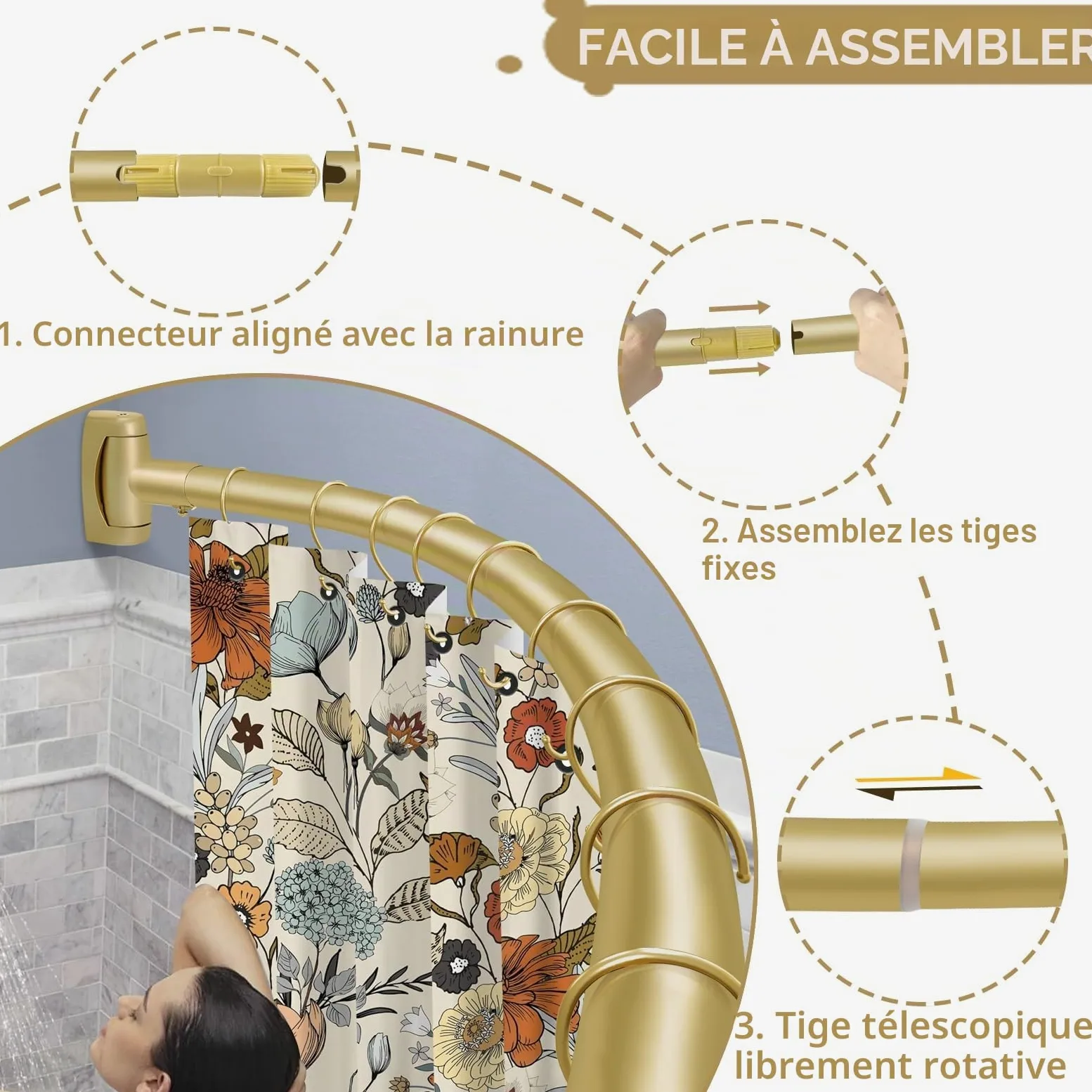 YNL Tringle à rideau de douche incurvée de 90 à 208 cm (2,5 à 2,5 m), ronde dorée et antirouille, pour salle de bain, baignoire, réglable, ne rouille pas, espace supplémentaire, antidérapante