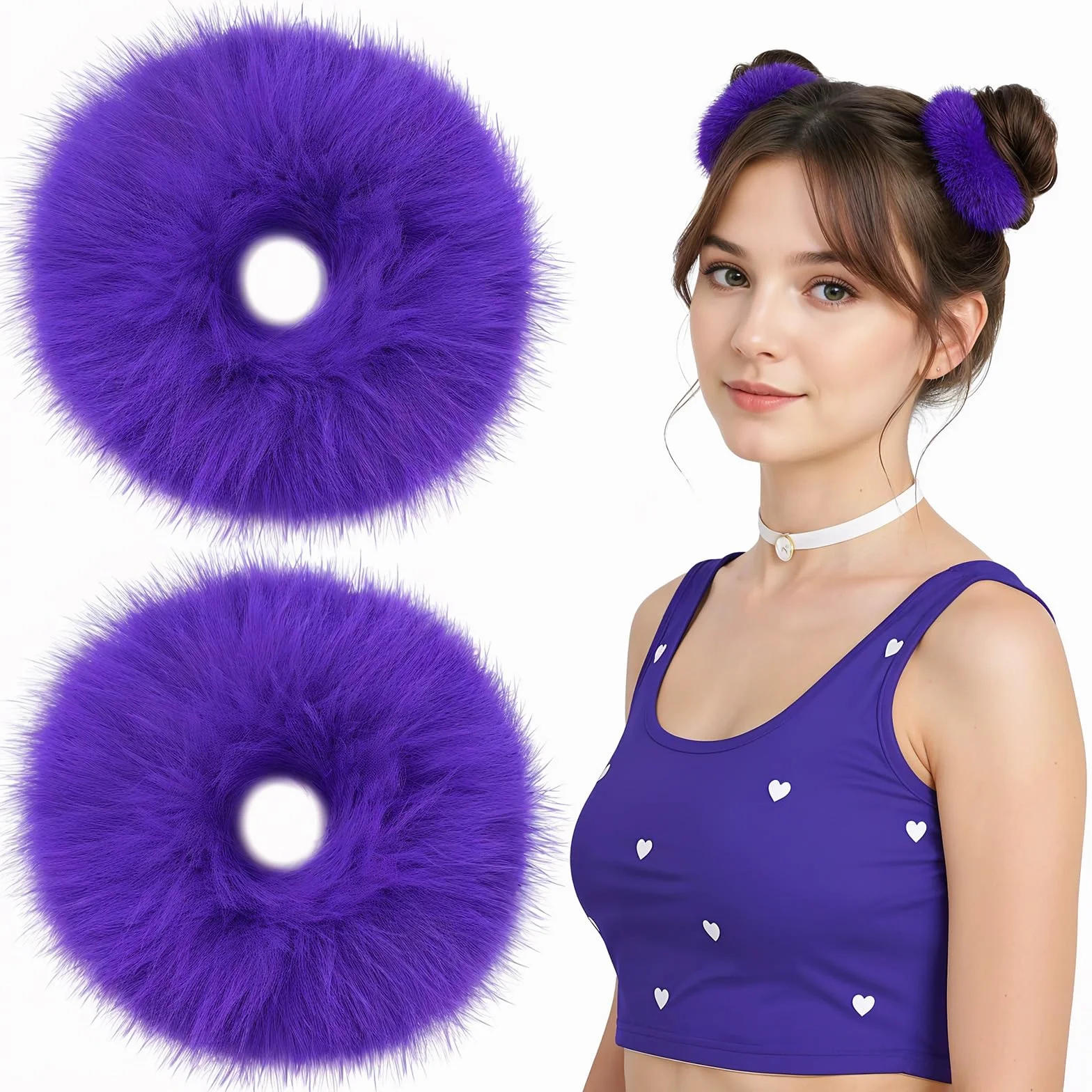 Bandeau Cheveux Violet Foncé 2 Pièces Pompon Peluche Boudin Bébé Queue de Cheval