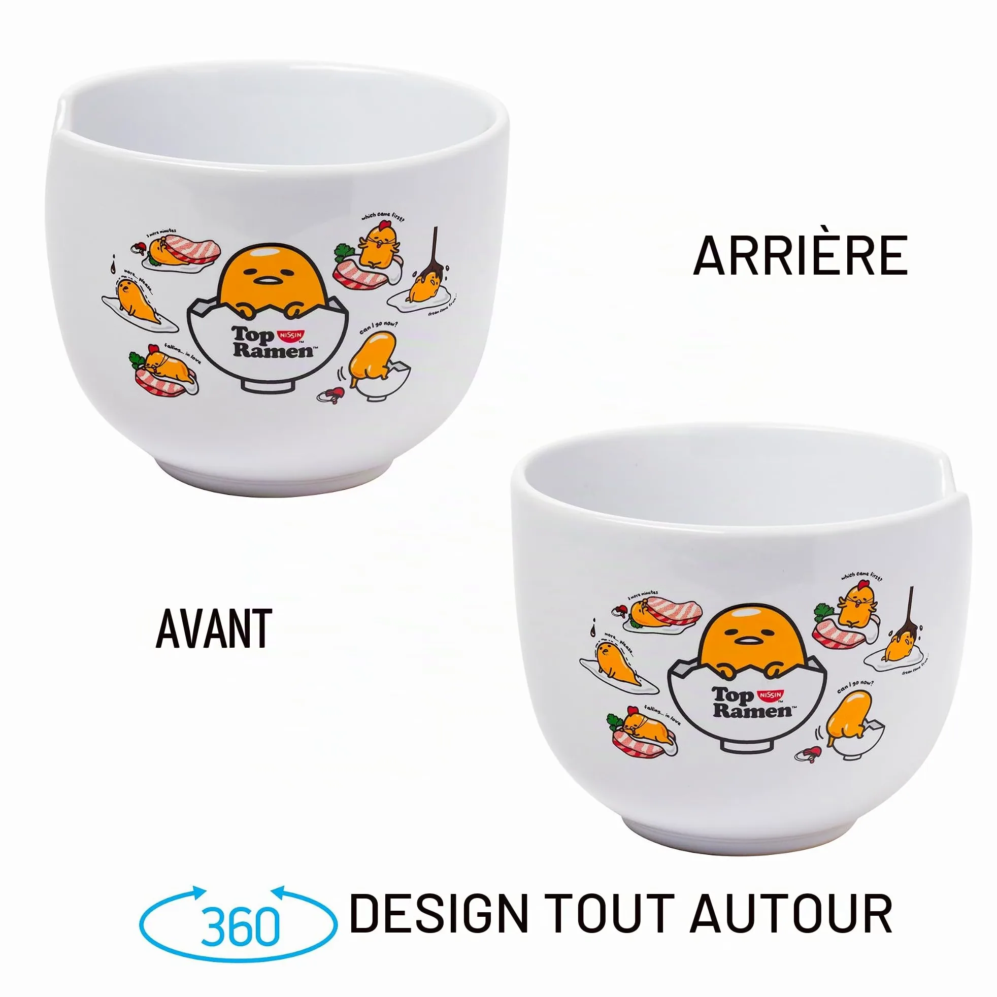 Silver Buffalo Sanrio Gudetama Lazy Egg Poses Top Ramen Nissin Bol à riz en céramique avec baguettes Passe au micro-ondes 590 ml