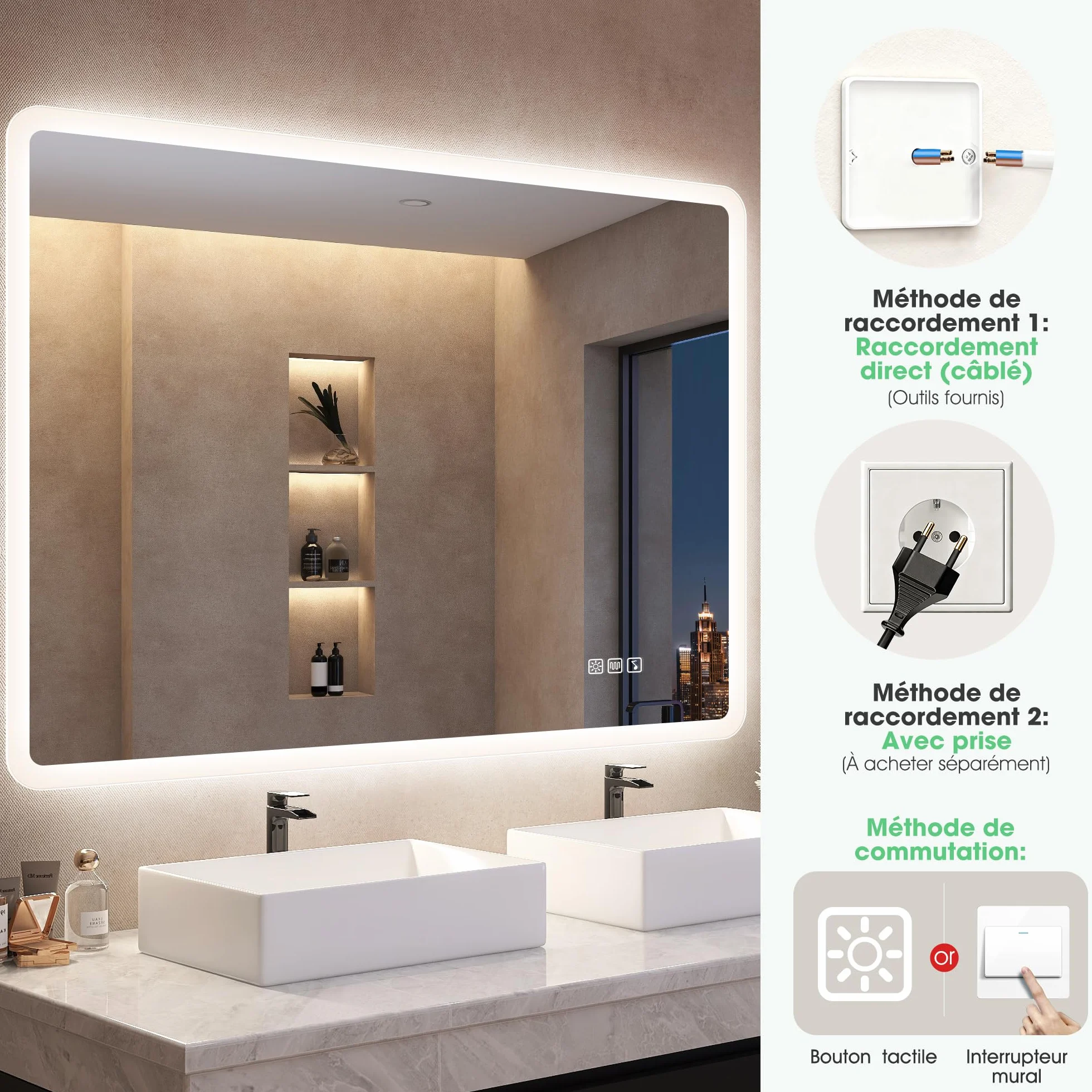Miroir Salle de Bain LED 120x70cm Bluetooth Anti-buée IP44 Dimmable Mémoire Verre Trempé