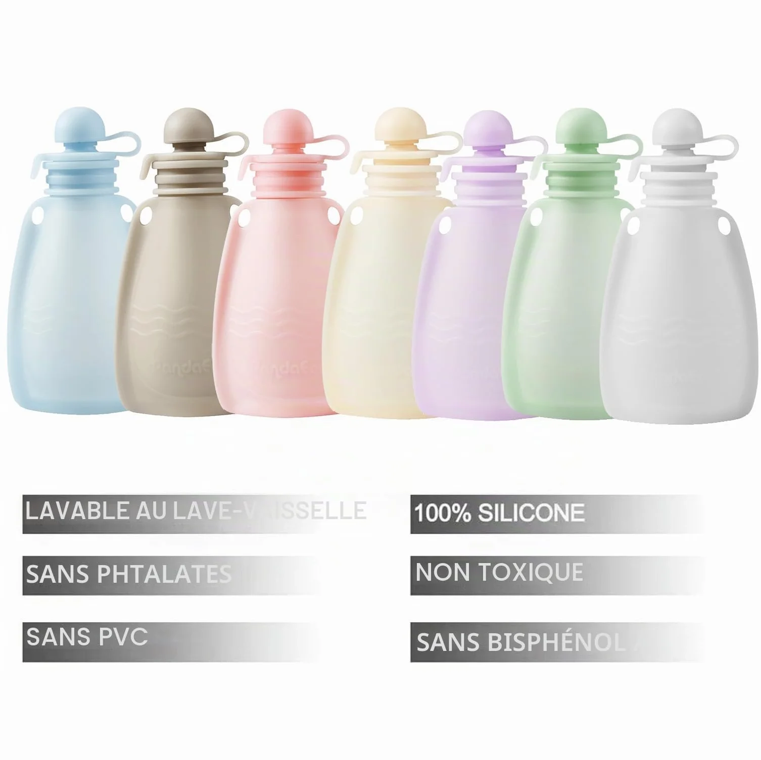 PandaEar Pochettes de Nourriture pour Bébé en Silicone Réutilisables, Lot de 7, 160 ml, sans BPA