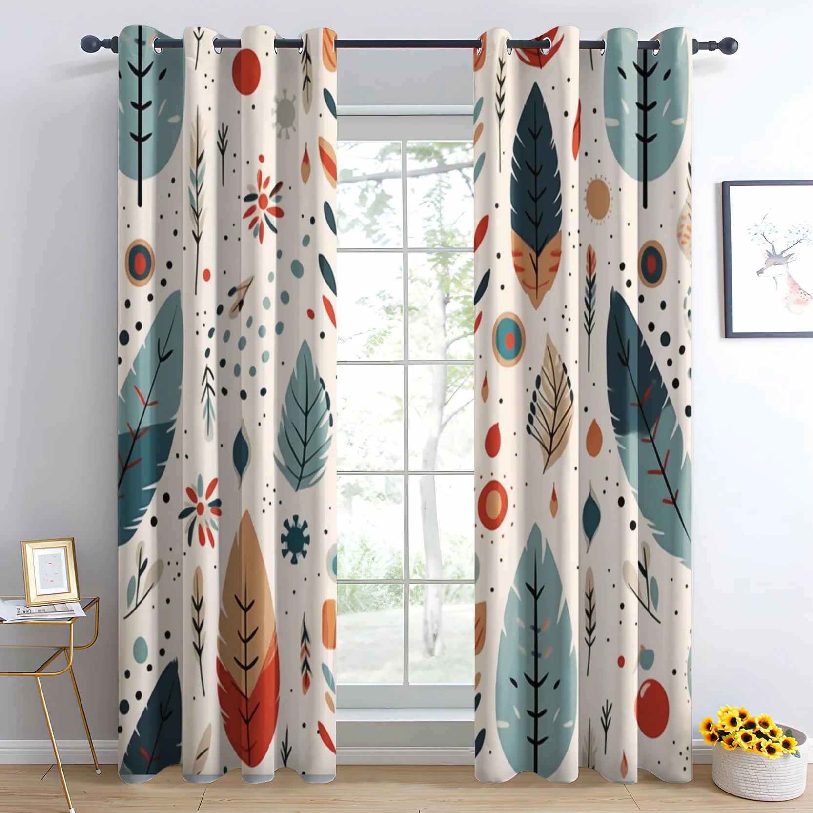 Rideau Occultant Plume De Bohème, Bohémien Motif Rideaux Thermiques à Oeillets, Rideaux Imprimé pour Salon Chambre Fenetre Moderne Décoration, 140x160 cm (L x H), Lot de 2