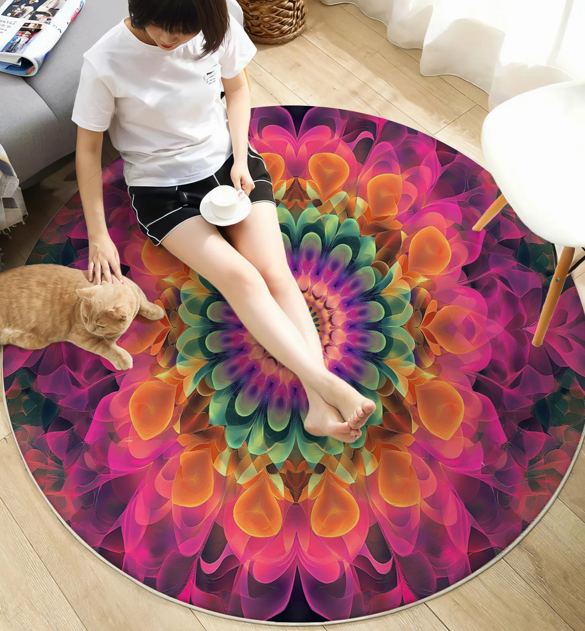 Rond Tapis Salon Rose Moquette 3D Mandala Tourbillonnant Chambre De Décoration Poil Ras Lavable en Machine Paillasson Art Psychédélique Antidérapant Salle A Manger Chambre Adulte,120Cm