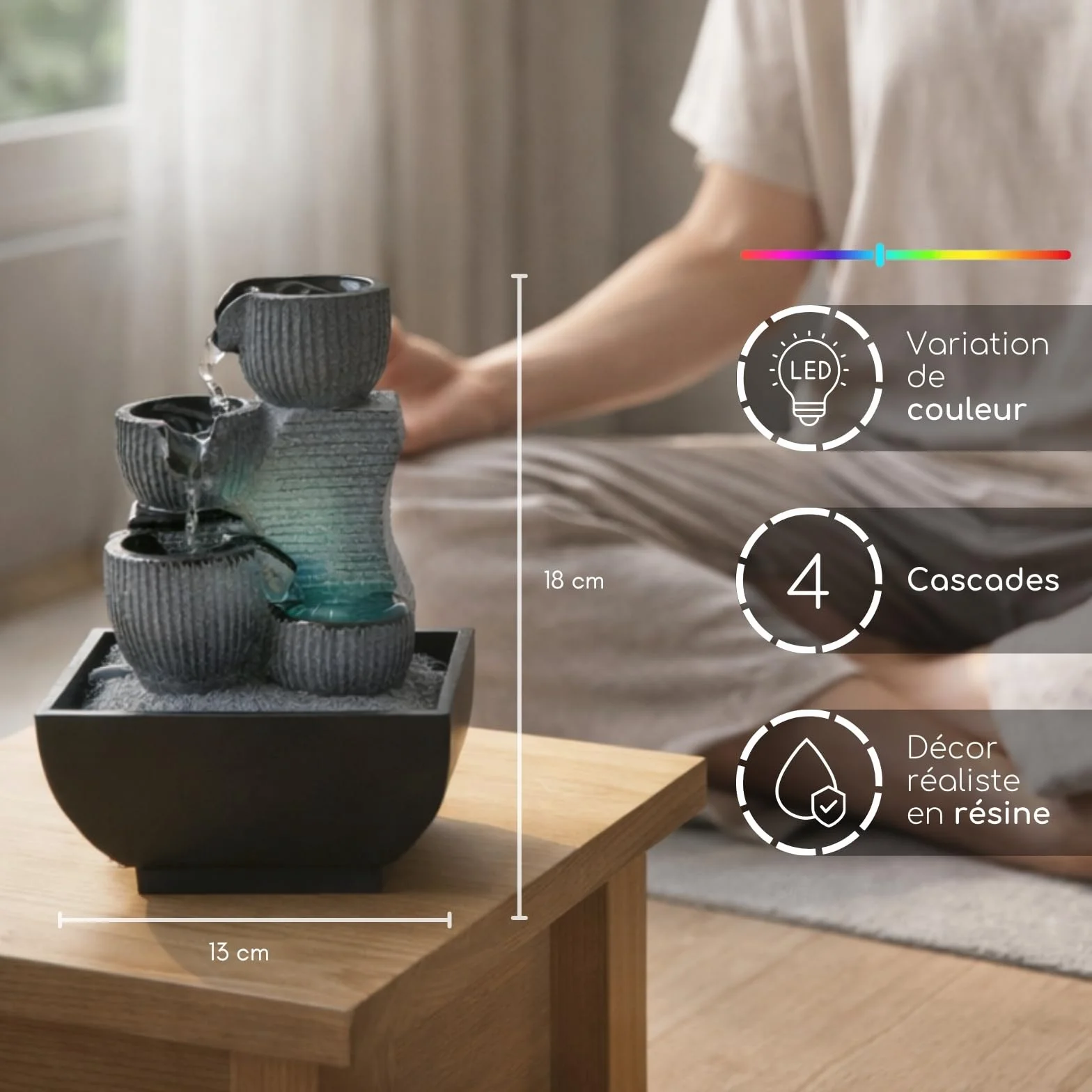 Fontaine d’Intérieur Kini Cascade Zen Relaxante avec Lumière LED Coloré H 18 cm