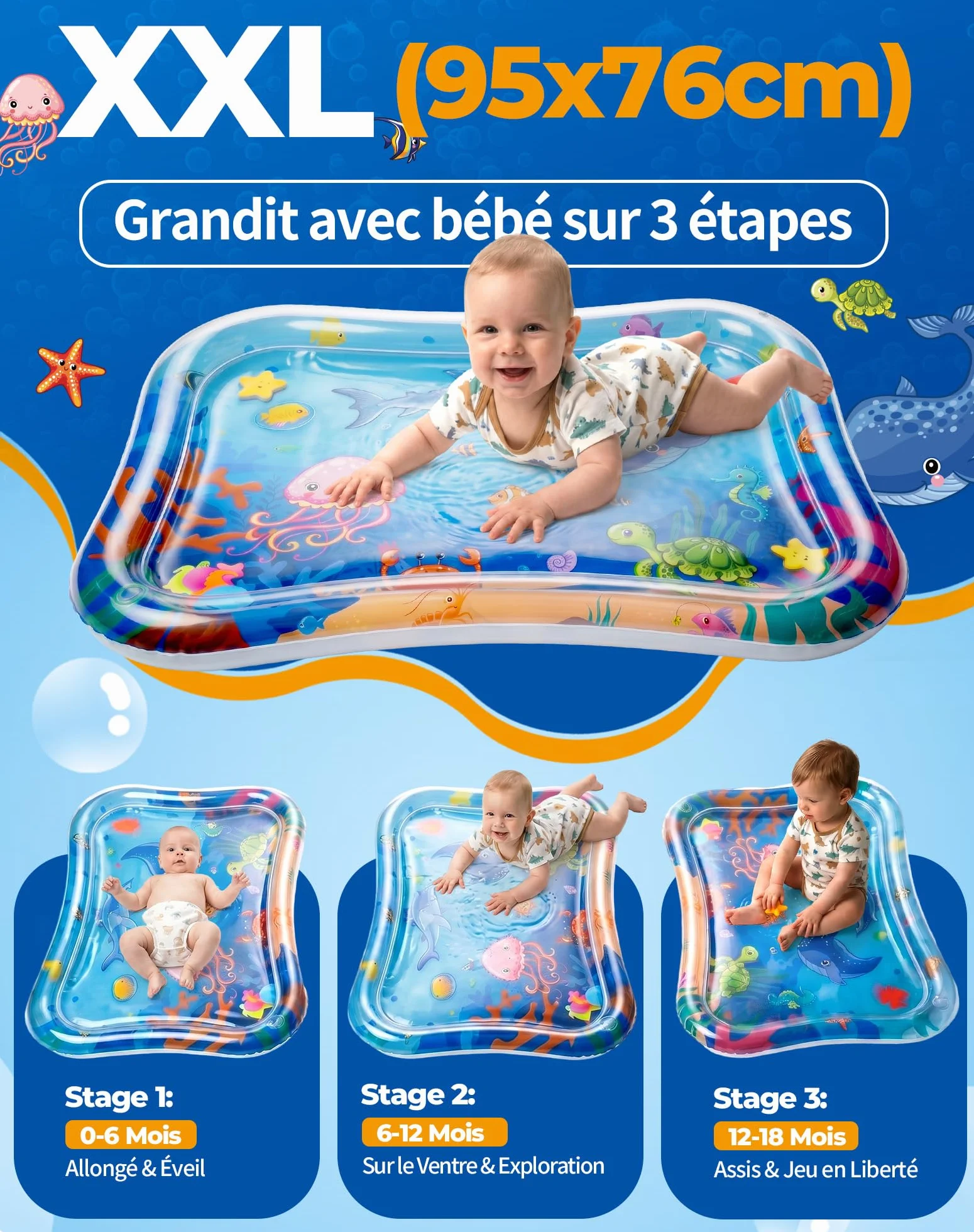Grand Tapis d'eau Bébé 95x76cm Gonflable Tummy Time Sensoriel Poisson pour Bébés et Tout-petits Cadeau Jouet 3-12 Mois