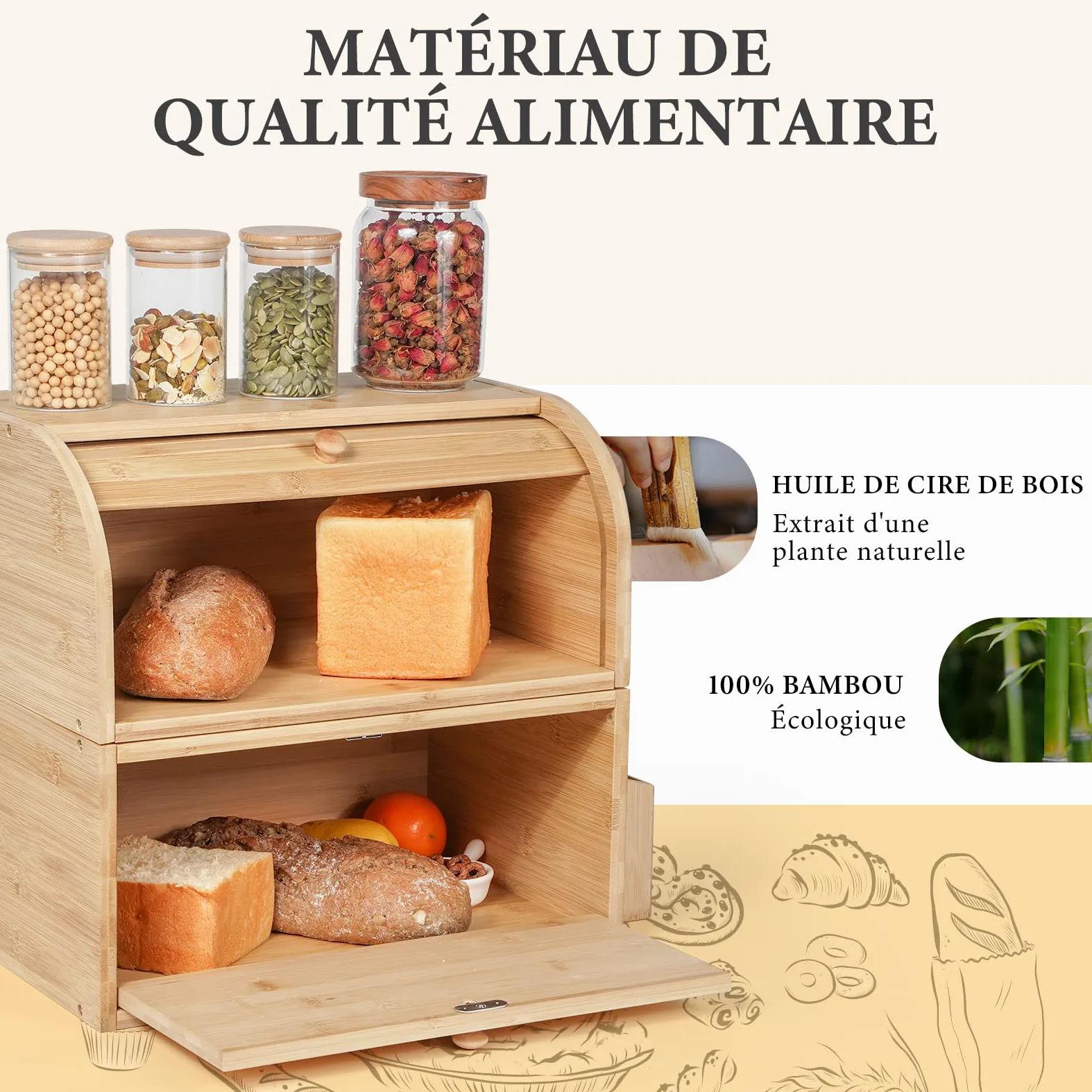 GUUSII HOME Boite a Pain Bois Grande Capacité Boîte à Pain de mie Bambou Huche a Pain Moderne pour Cuisine Countertop 38 x 25 x 36 cm Double Couche Empilable