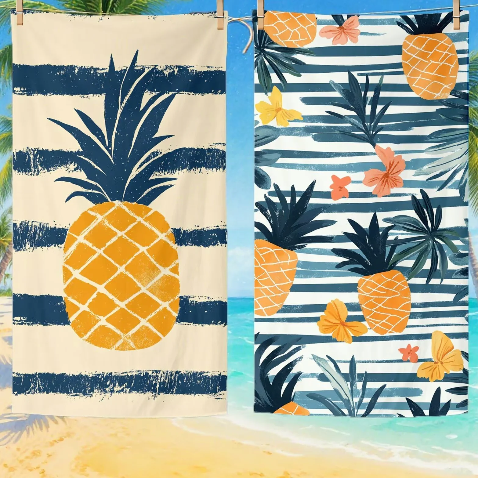 Serviette de Plage Microfibre Serviette Plage 100x220 2 Pack Séchage Rapide, Anti-Sable, Absorbante Fonction drap de plage xxl pour Bain, Sport, Voyages, Sauna, Piscine, Yoga, avec Sac Ananas Q-620
