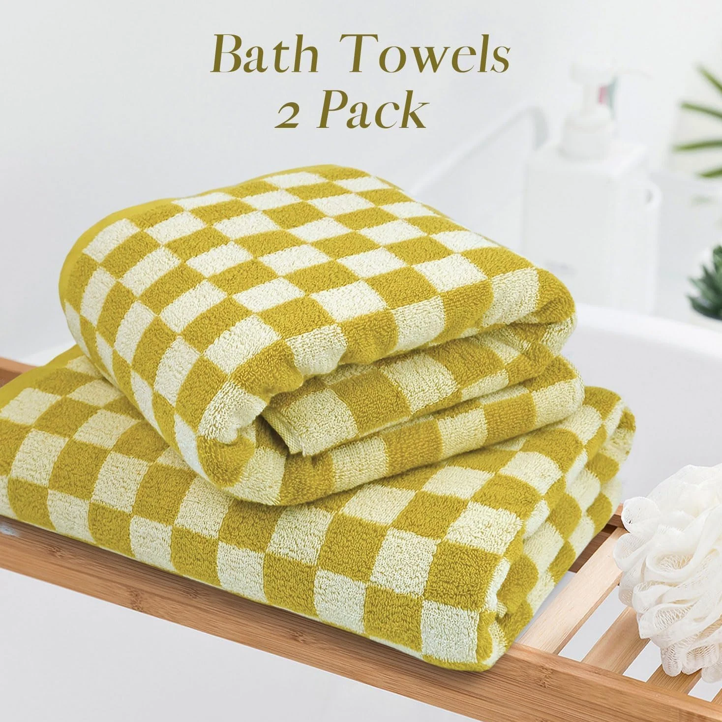 Lot de 2 serviettes de bain de luxe d'automne en coton à carreaux pour séchage du corps, 140 x 69 cm, jaune moutarde