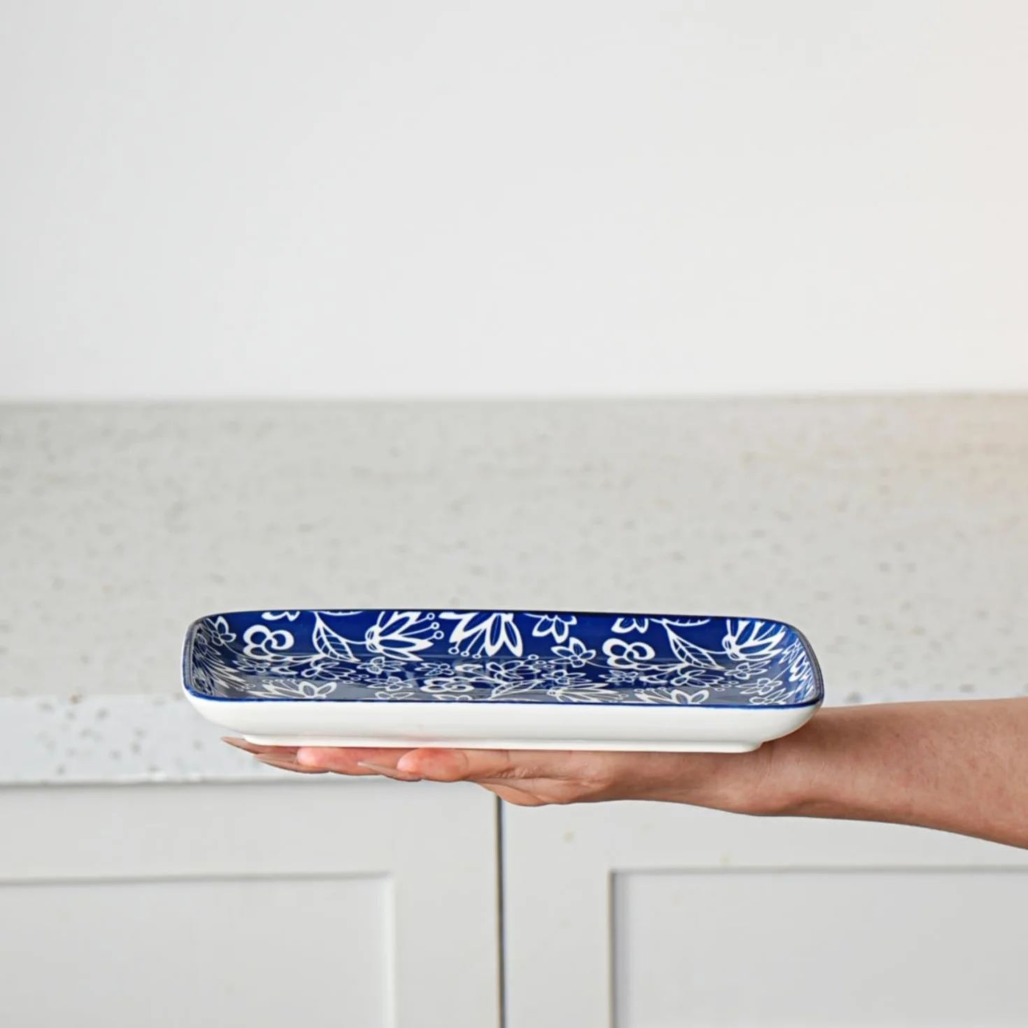 Lot de 6 assiettes de service rectangulaires en céramique de 21 cm pour sushi, salade, dessert, pâtes, apéritif, passent au four, au micro-ondes, au lave-vaisselle, bleu vintage