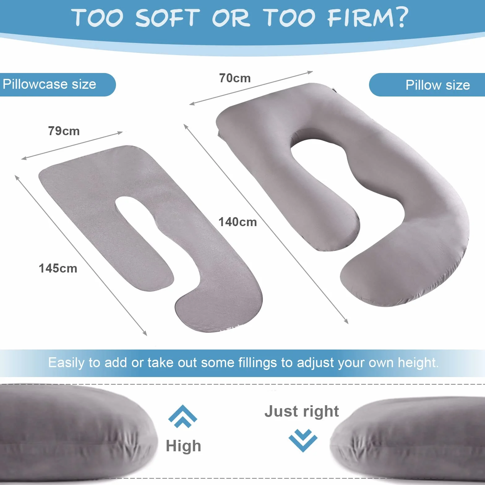 Lannvan Oreiller de Grossesse en Forme de J pour Femme Enceinte - Coussin d'Allaitement et Maternité avec Housse Lavable 100% Coton Gris
