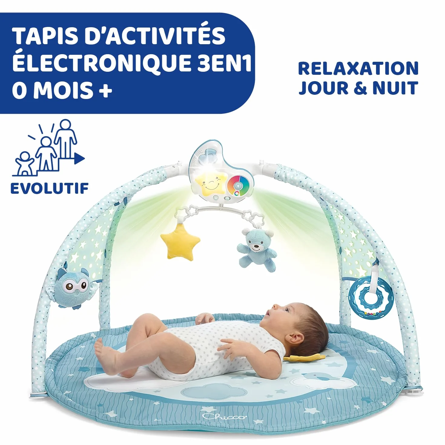 Chicco Tapis d'Éveil 3 en 1 Gym Électronique Multifonction avec Projecteur d'Étoiles, Veilleuse et Musique Relaxante - Bleu