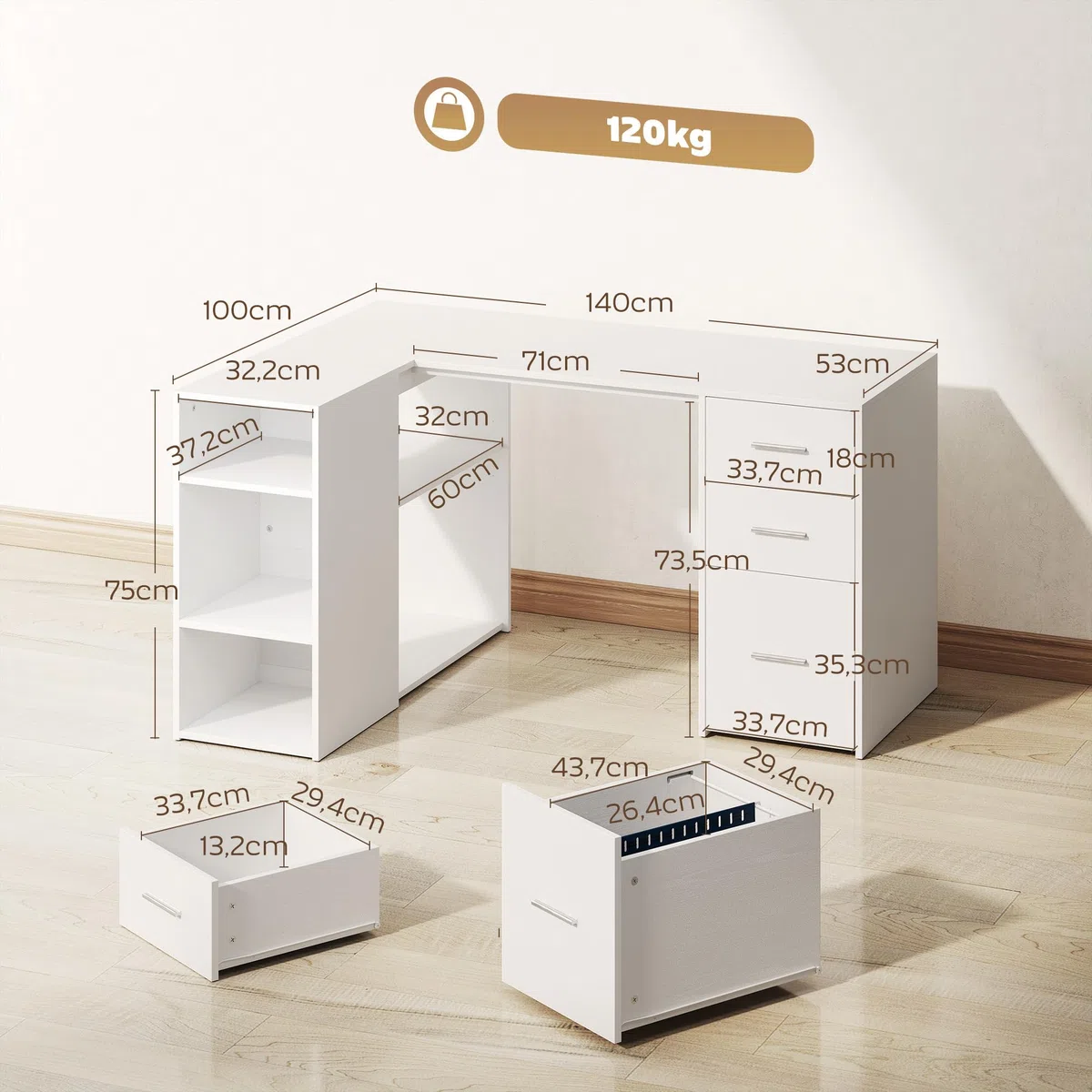 HOMCOM Bureau d'angle 3 Tiroirs Bureau Informatique en L 140x100x75cm Blanc