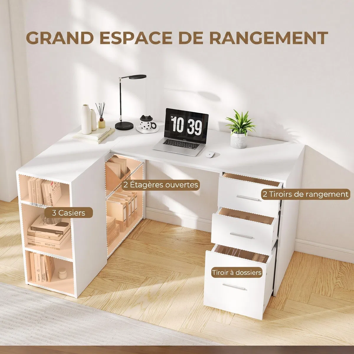 HOMCOM Bureau d'angle 3 Tiroirs Bureau Informatique en L 140x100x75cm Blanc
