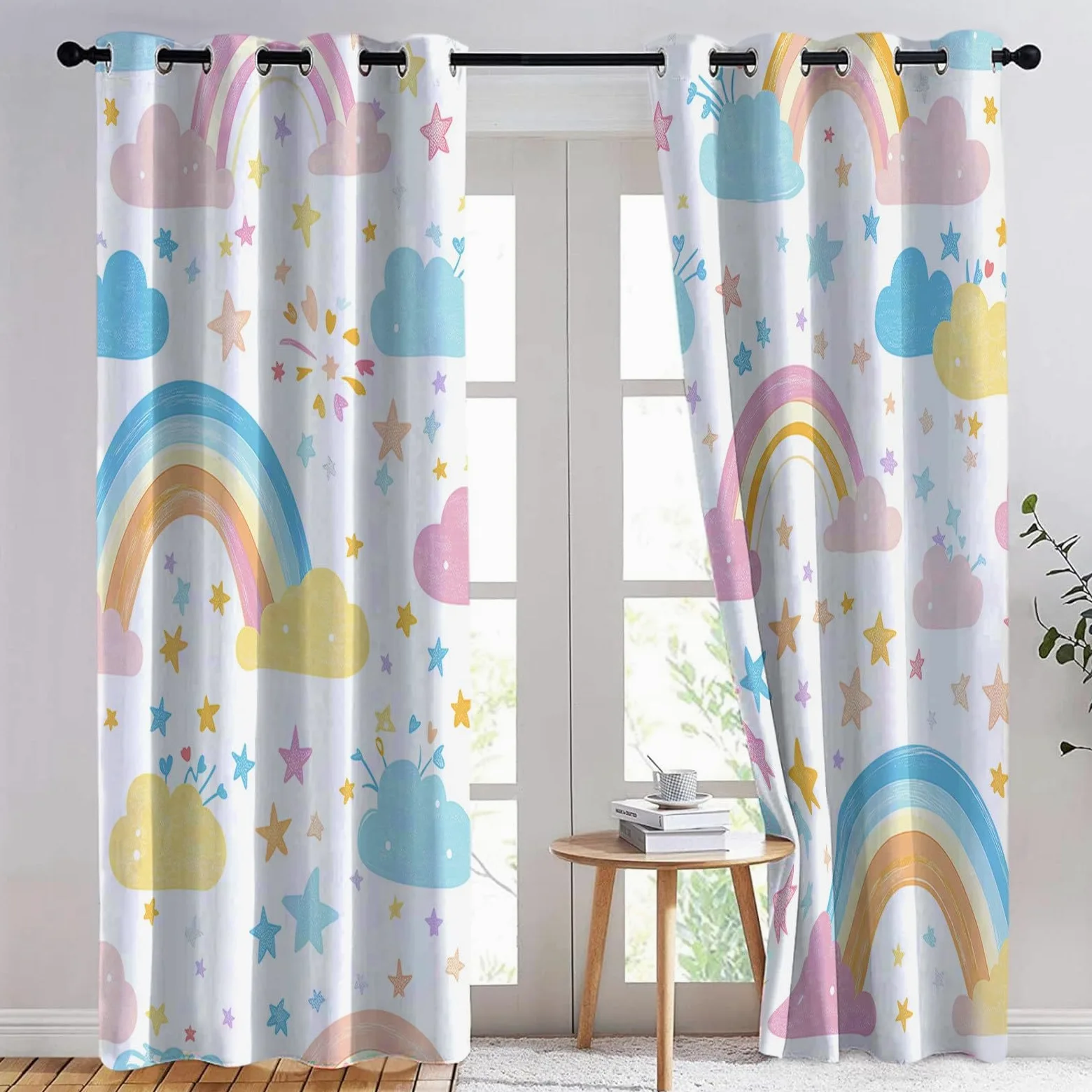 Arc en Ciel Nuages Étoiles Rideau Occultant, Blanc Rideau Thermique Isolant Tenture Opaque à Oeillets Draperies IntéRieurs pour Chambre Salon Décoration 2 Panneaux 92L x 214H cm