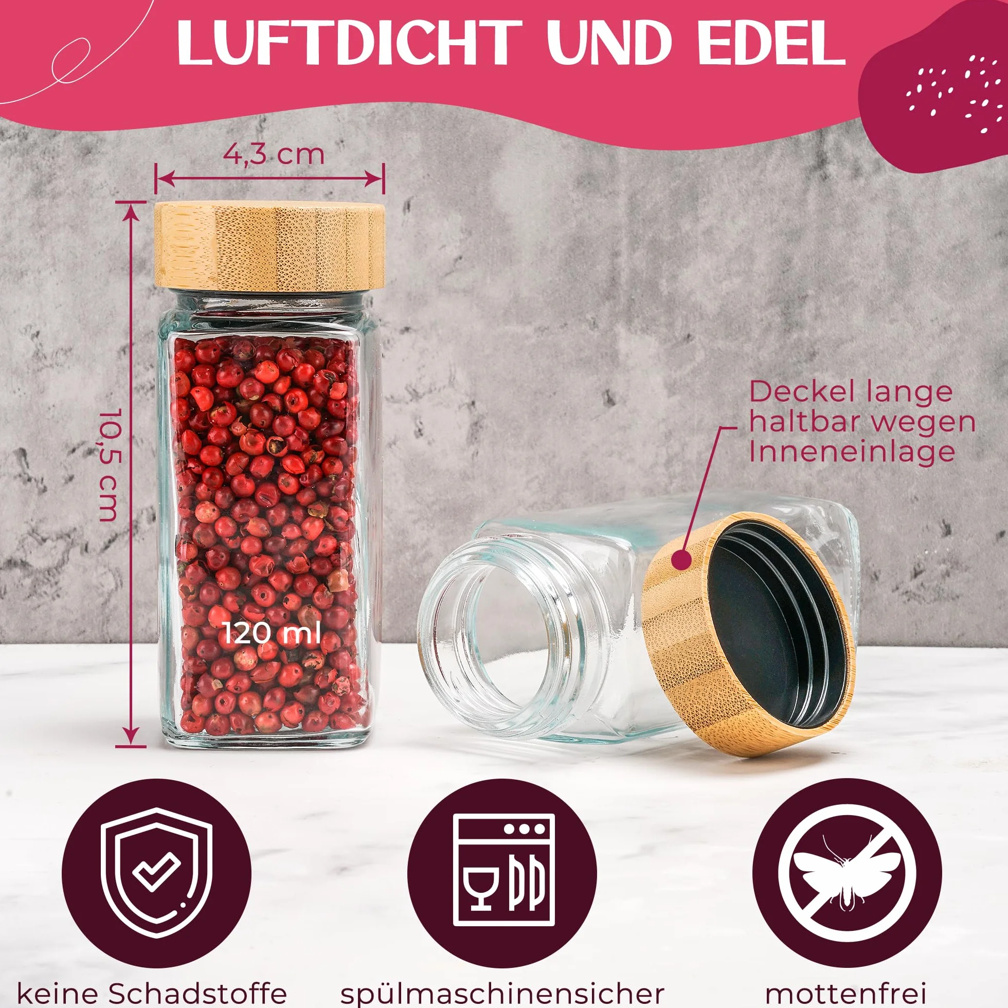 Pots à épices carrés 120 ml lot de 6 avec saupoudreur couvercles bambou étiquettes noires