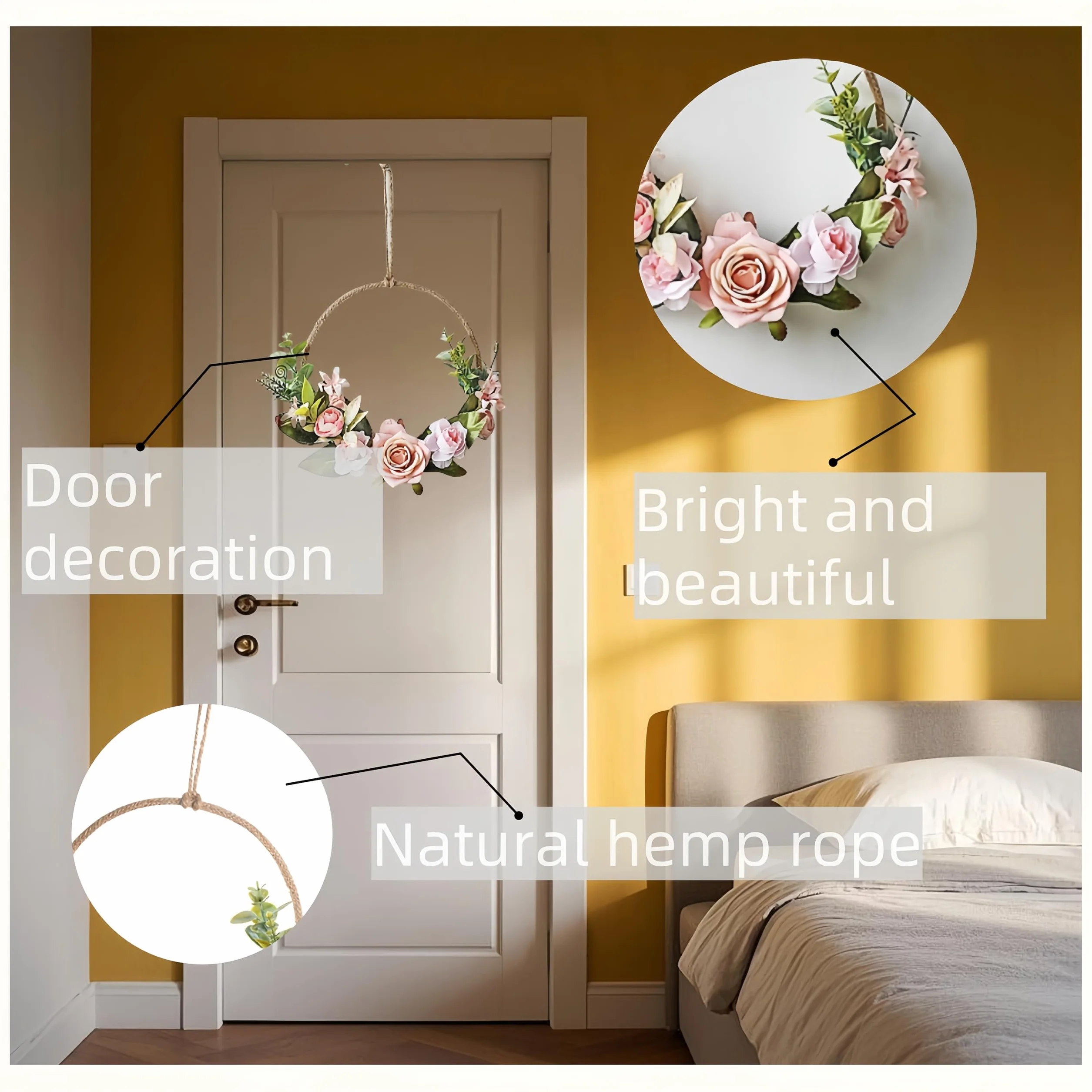 Couronne murale en métal avec orchidée artificielle et eucalyptus - Décoration de porte printanière