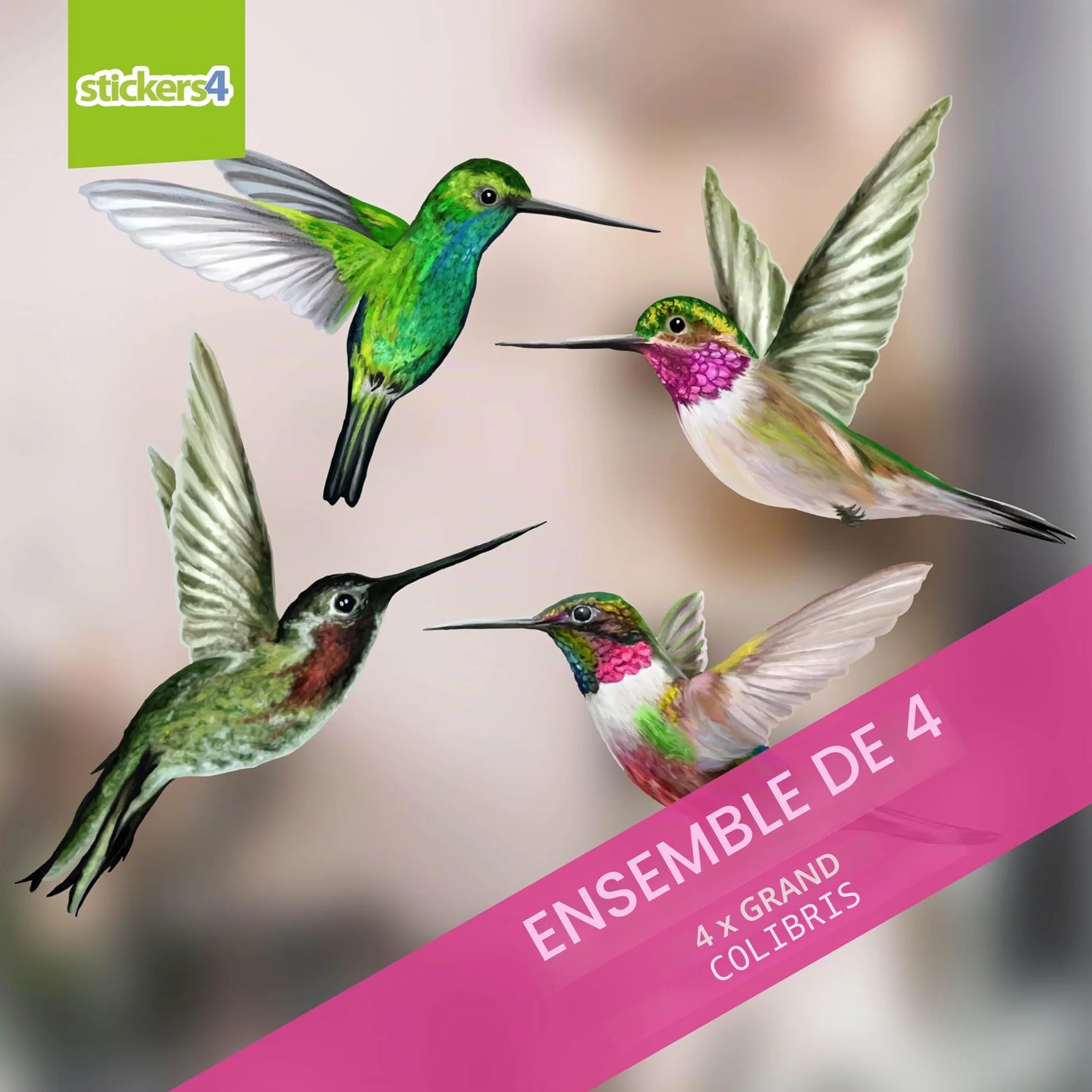 Stickers Fenêtre Colibri Anti-Collision Oiseaux - 4 Décoratifs Electrostatiques