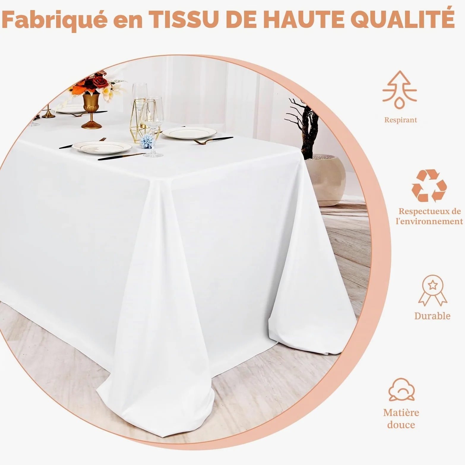 Pesonlook Lot de 4 nappes rectangulaires blanches, 228,6 x 396,2 cm en polyester lavable en masse, nappes en tissu polyester pour mariage, fête, banquet, buffet, table de fête, dîner de vacances