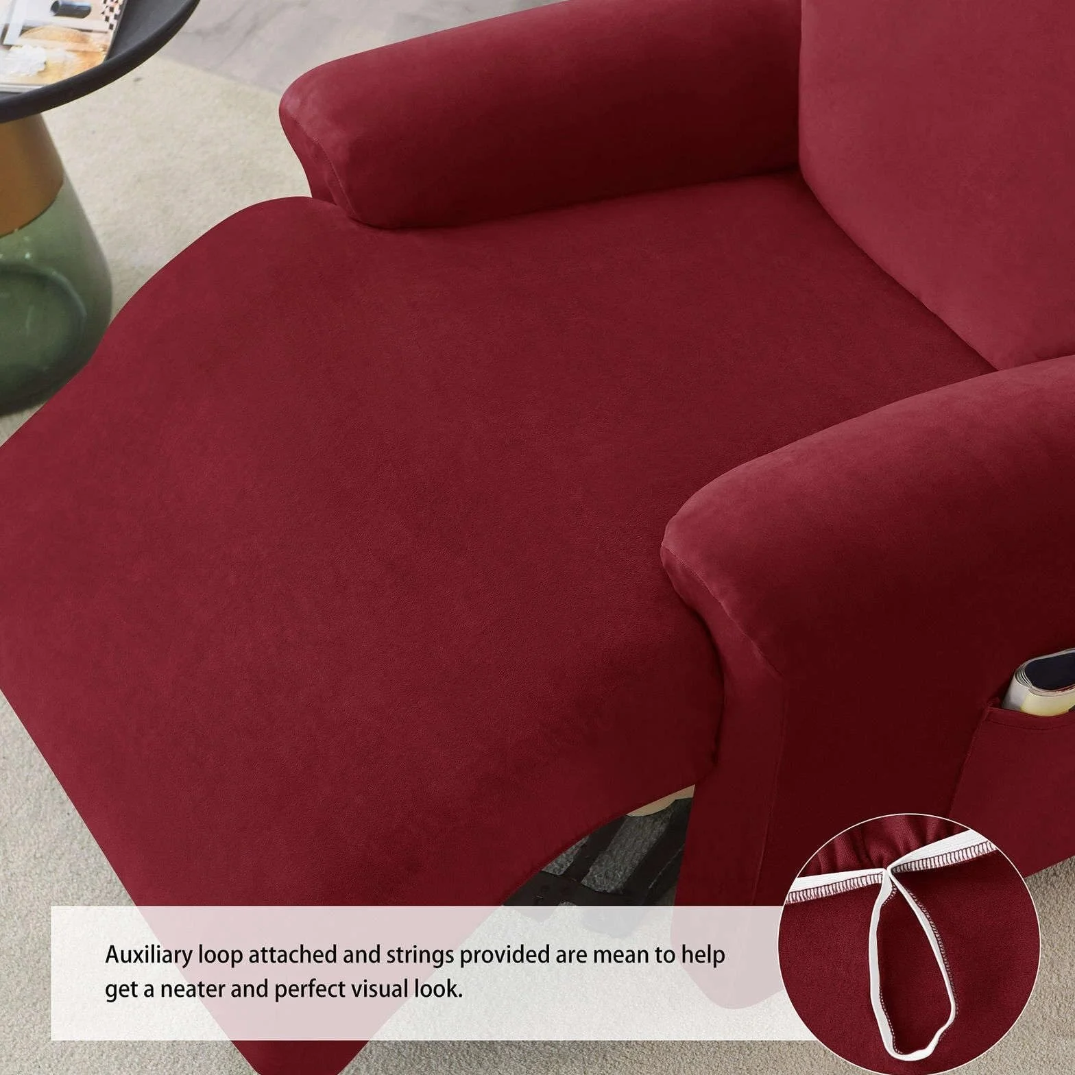 Housse de Fauteuil inclinable Velours Extensible 4 pièces Protection antidérapante Poche latérale Wine Red