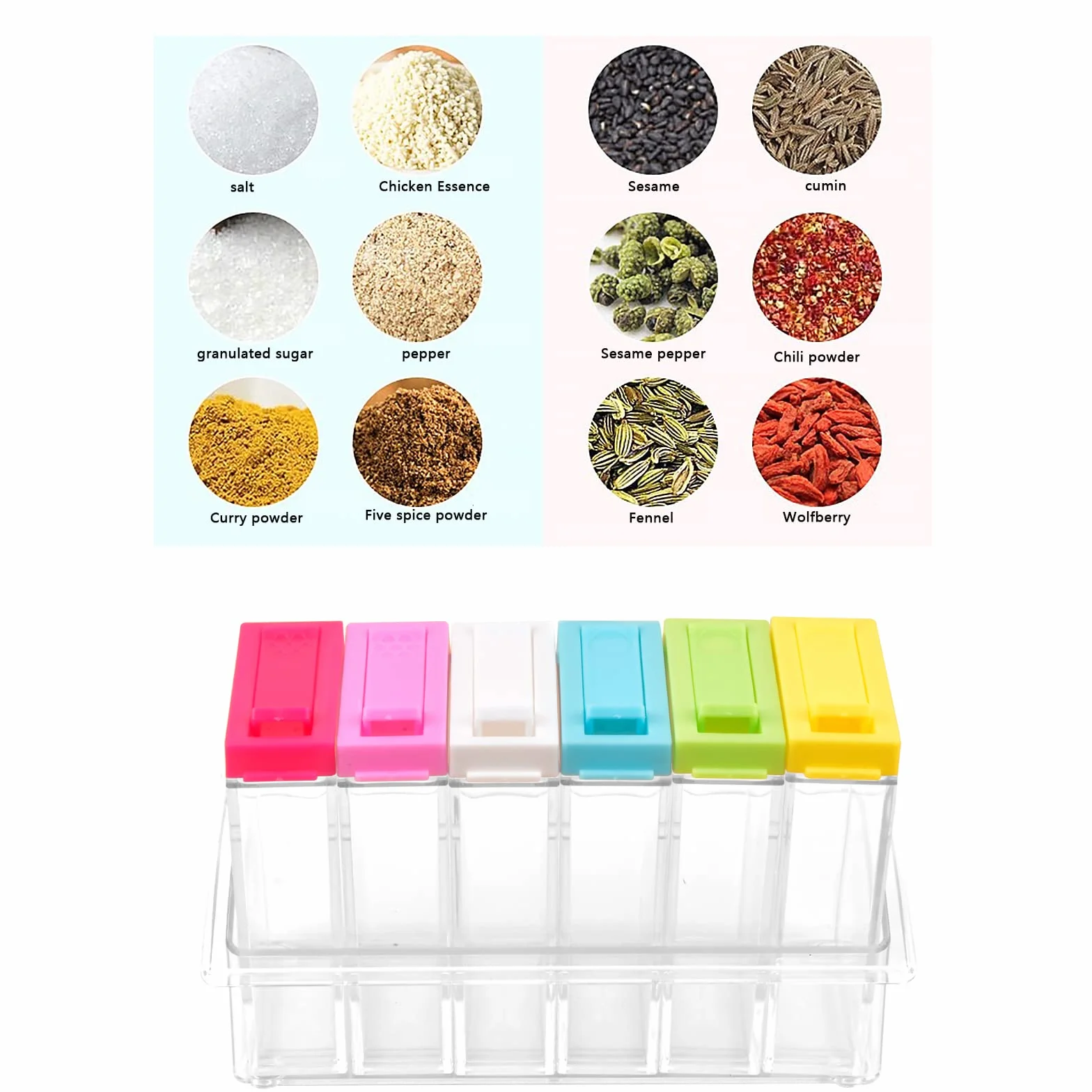 Lot de 6 Boîtes Épices Plastique avec Plateau, Ensemble de Pots à épices Transparent pour Rangement de Condiments