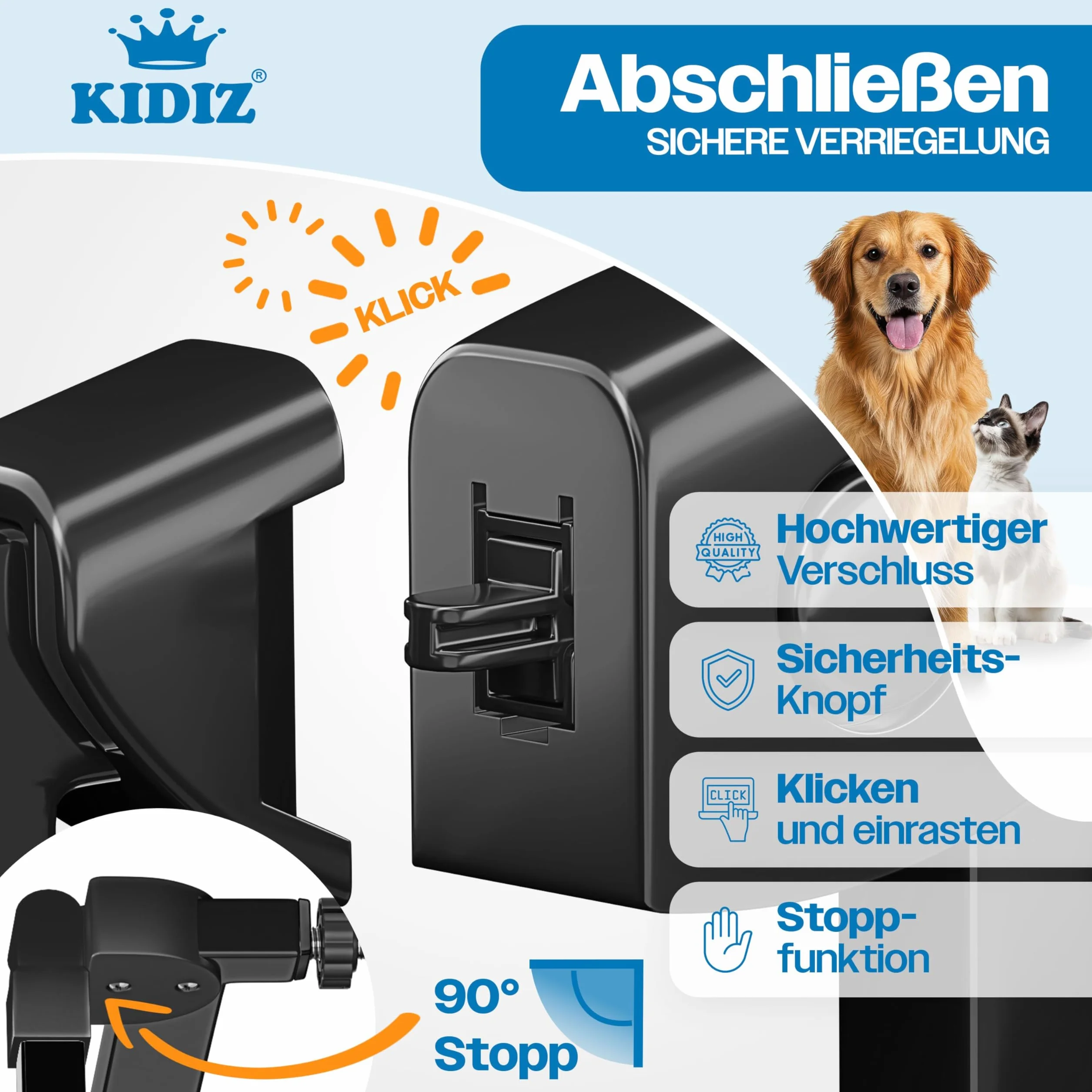 Barrière de sécurité d'escalier KIDIZ sans perçage 88-94 cm 75 cm pour enfants et chiens ouverture une main